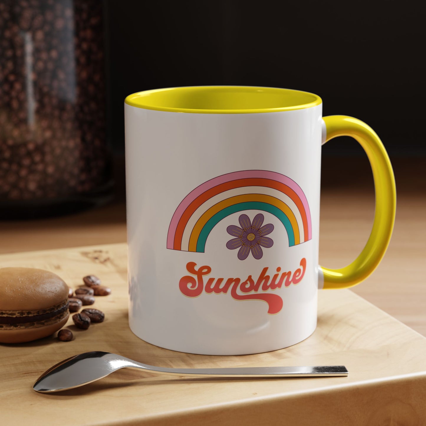 Sunshine Rainbow Accent Coffee Mug — Retro Flower 70s Vibe
