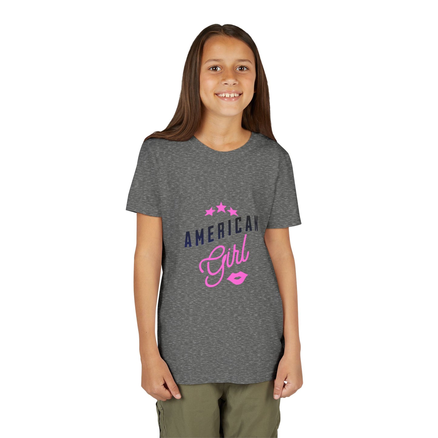 American Girl Youth Tee — Pink Script Stars Patriotic Kids Shirt
