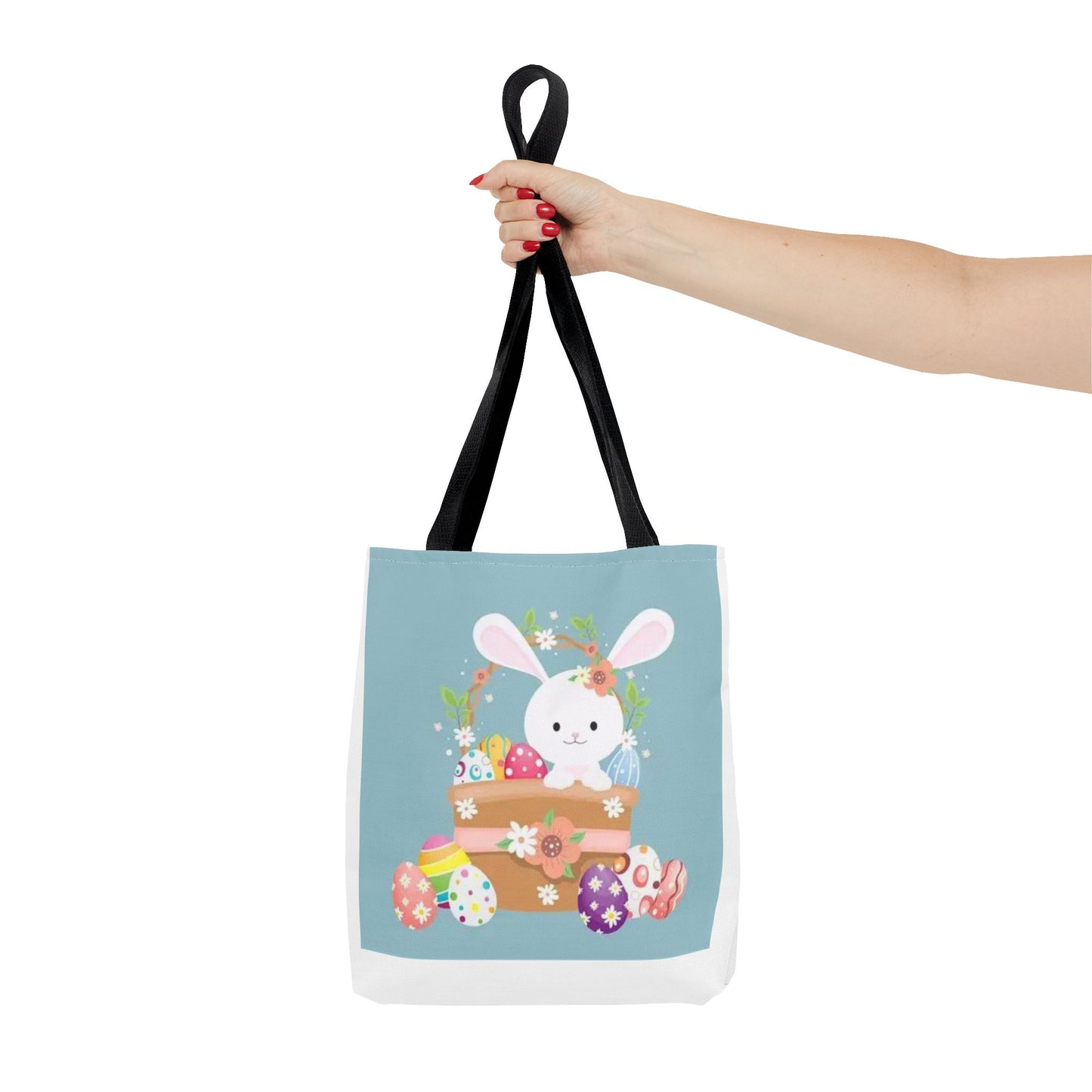 Easter Bunny Tote Bag — Cute Floral Bunny with Painted Eggs All-Over Print