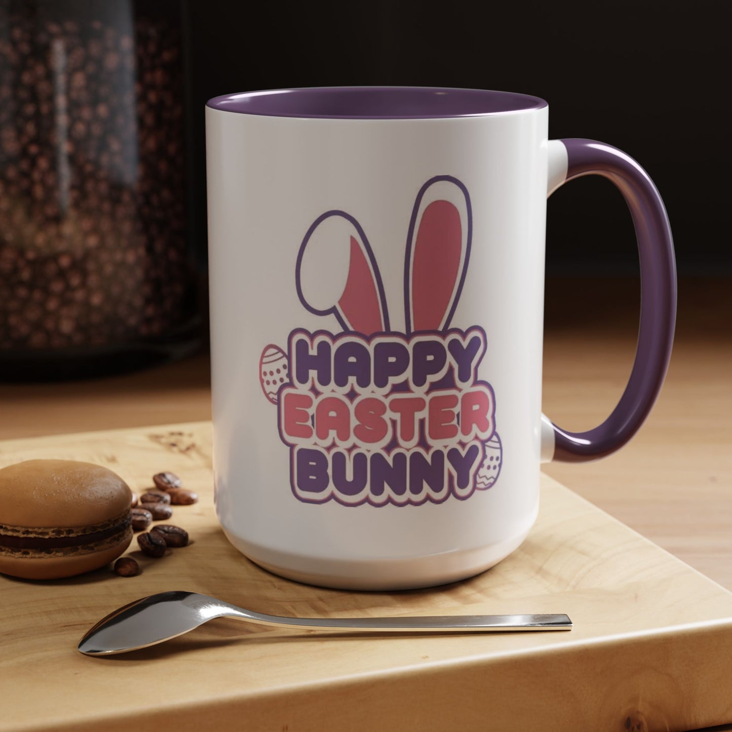 Happy Easter Bunny Accent Coffee Mug — Pink Interior 11/15oz, Cute Holiday Gift