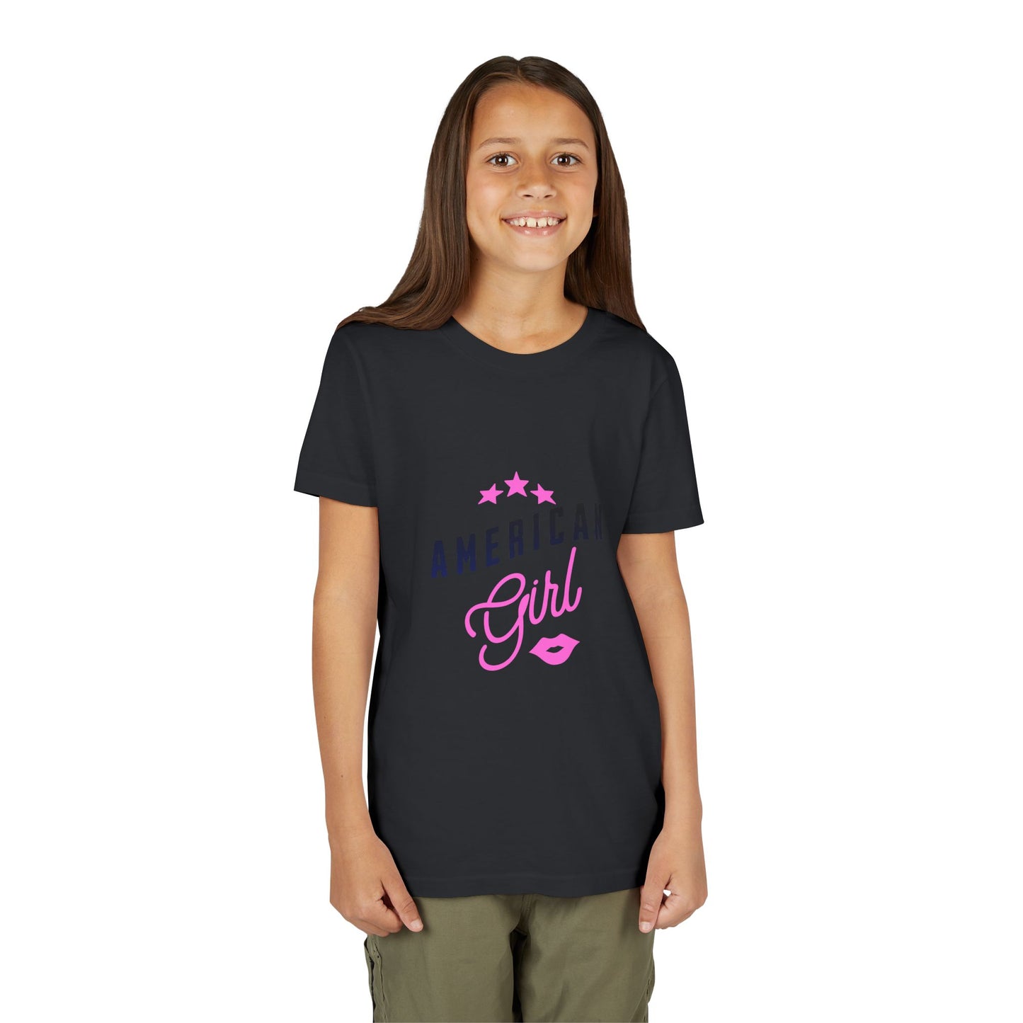 American Girl Youth Tee — Pink Script Stars Patriotic Kids Shirt