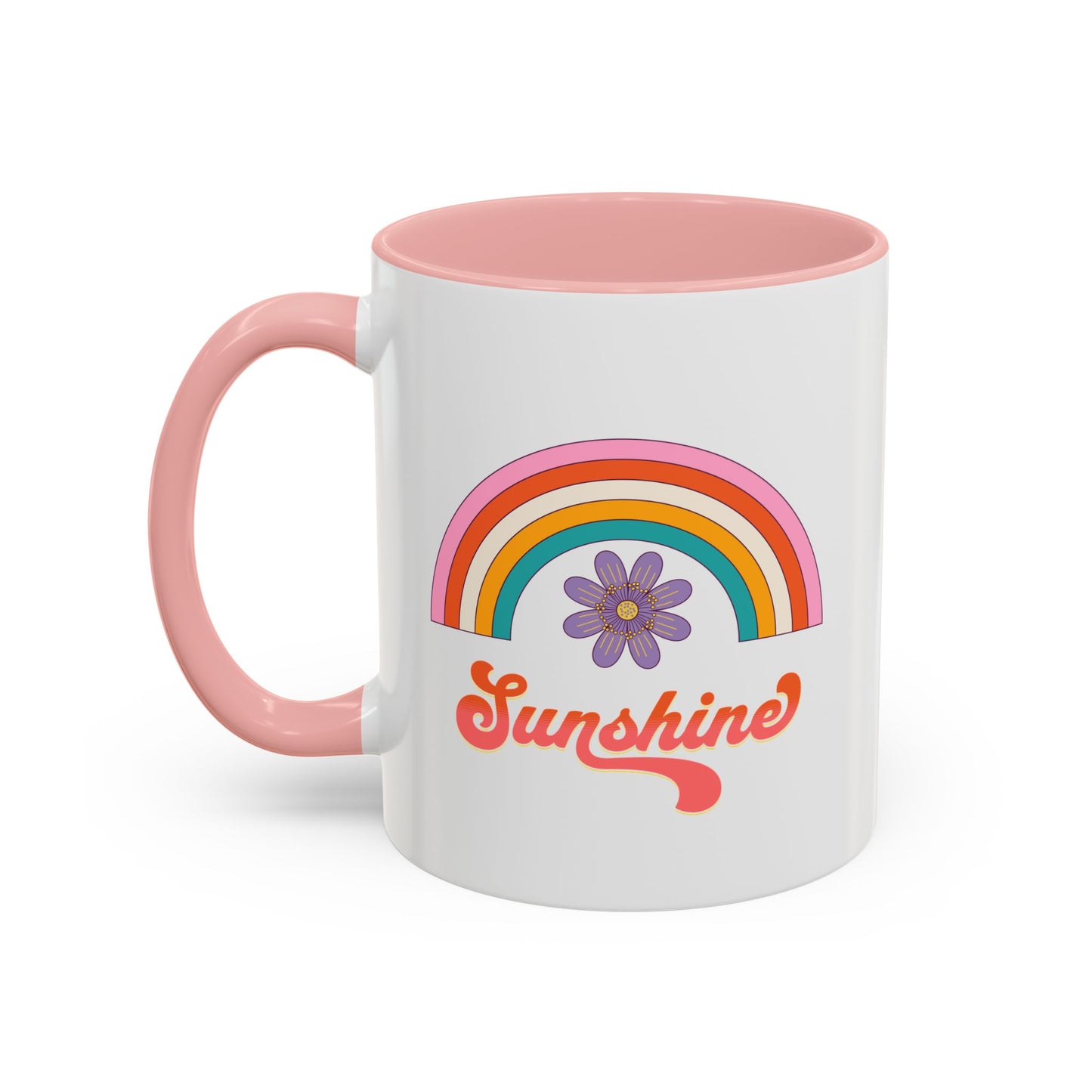 Sunshine Rainbow Accent Coffee Mug — Retro Flower 70s Vibe