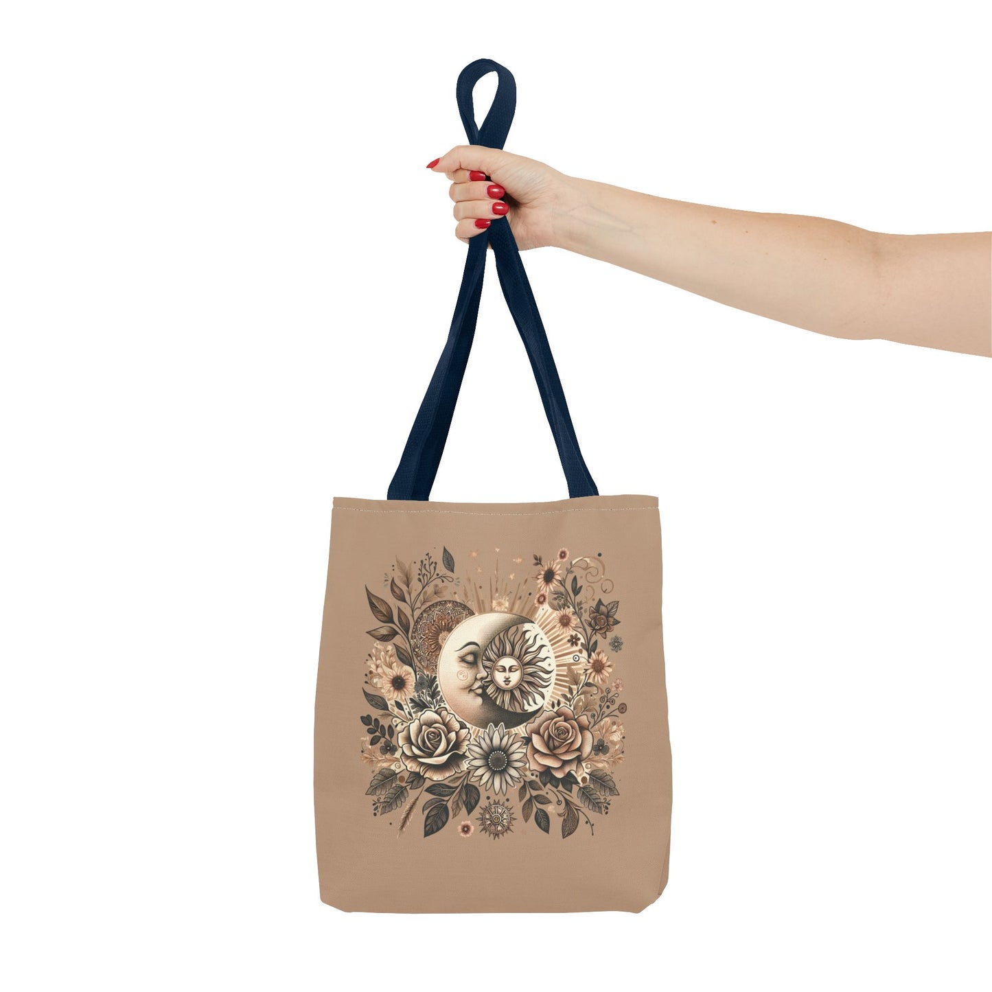Celestial Sun & Moon Floral Tote Bag — Boho Vintage Astrology Beach Bag