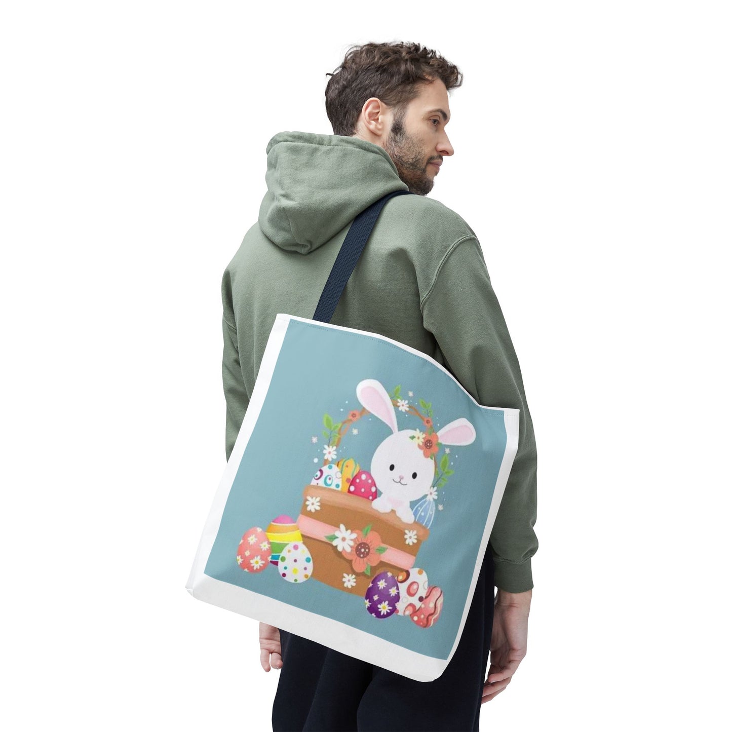 Easter Bunny Tote Bag — Cute Floral Bunny with Painted Eggs All-Over Print