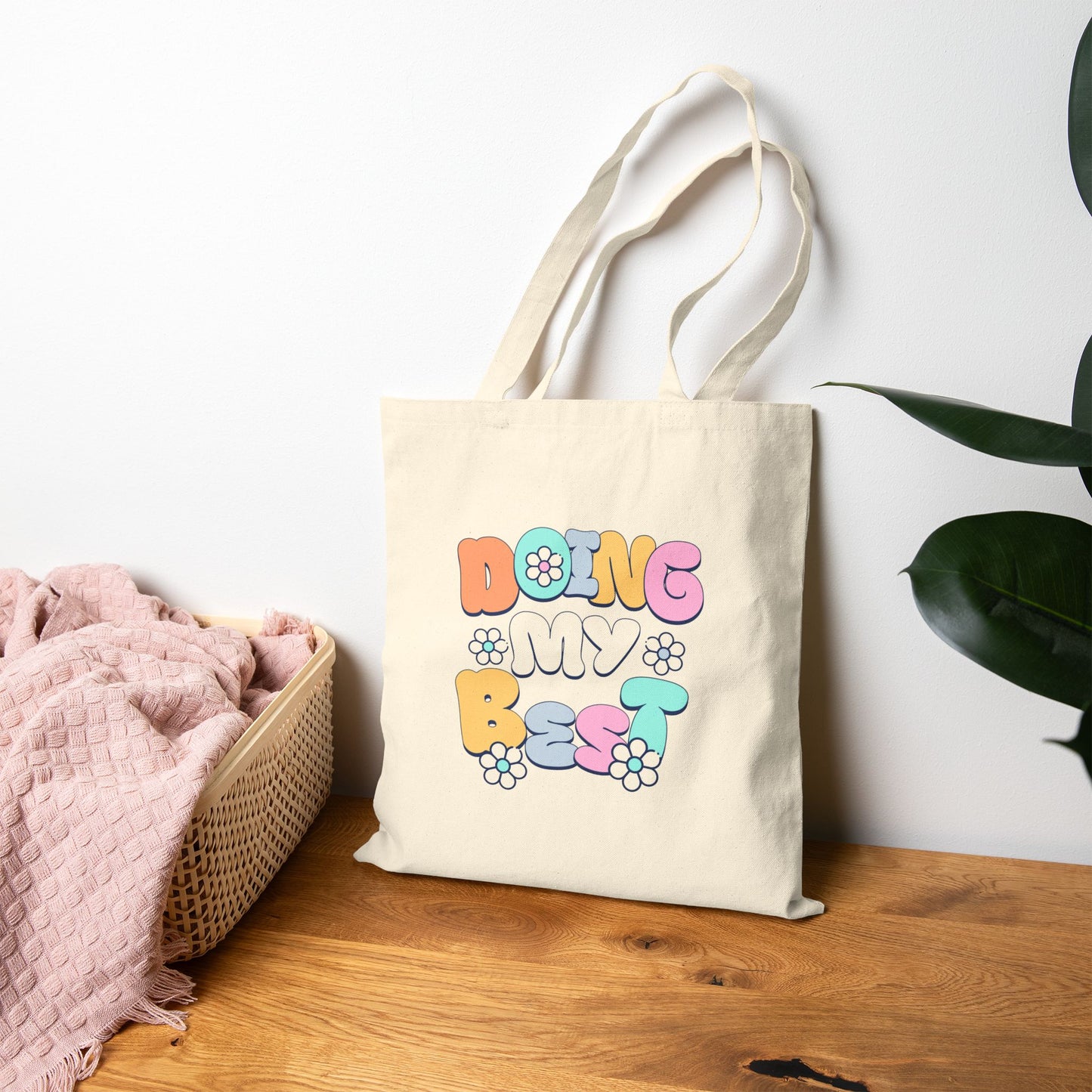 Tote Bag — "Doing My Best" Retro Floral Canvas Tote, Cute Eco-Friendly Grocery & Everyday Bag