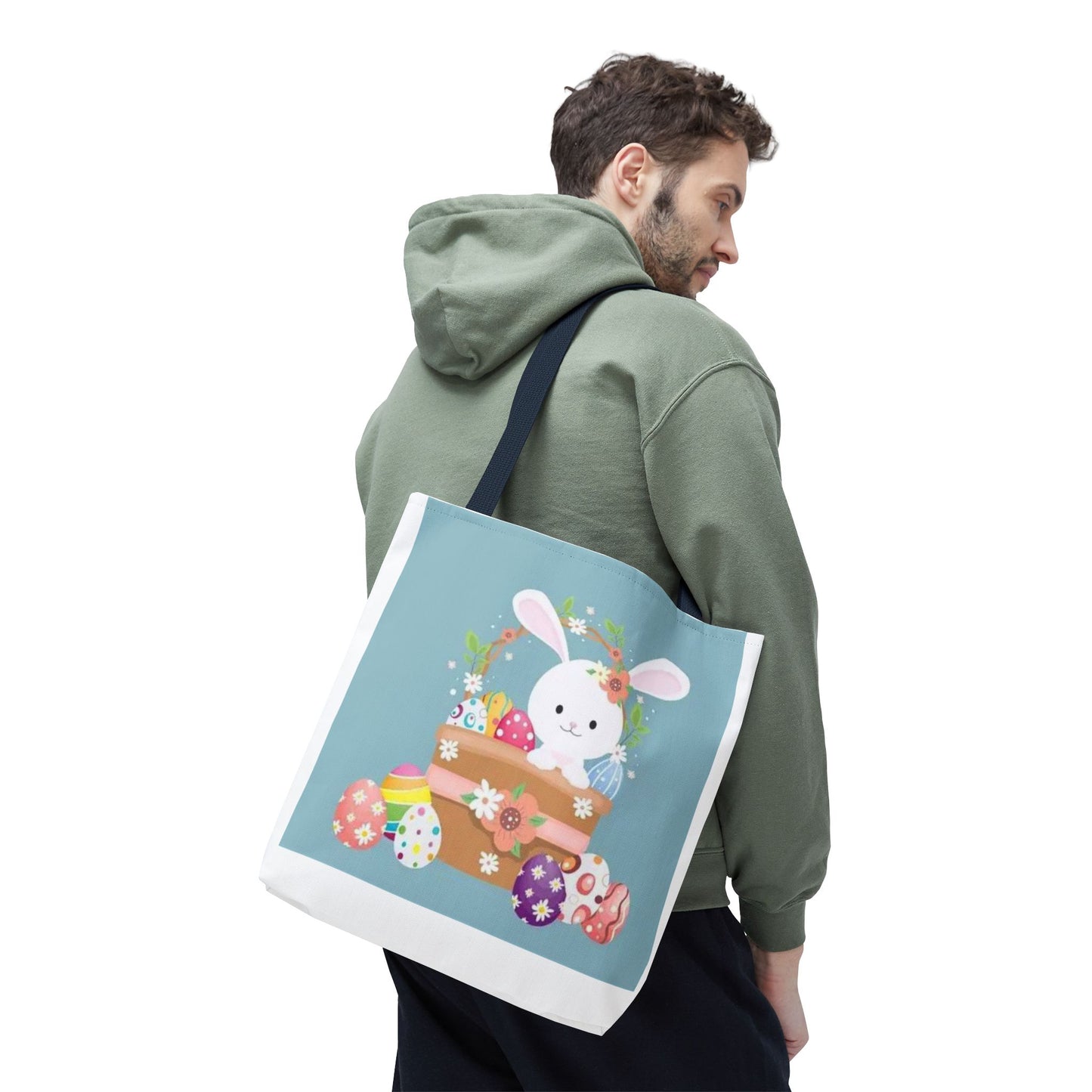 Easter Bunny Tote Bag — Cute Floral Bunny with Painted Eggs All-Over Print