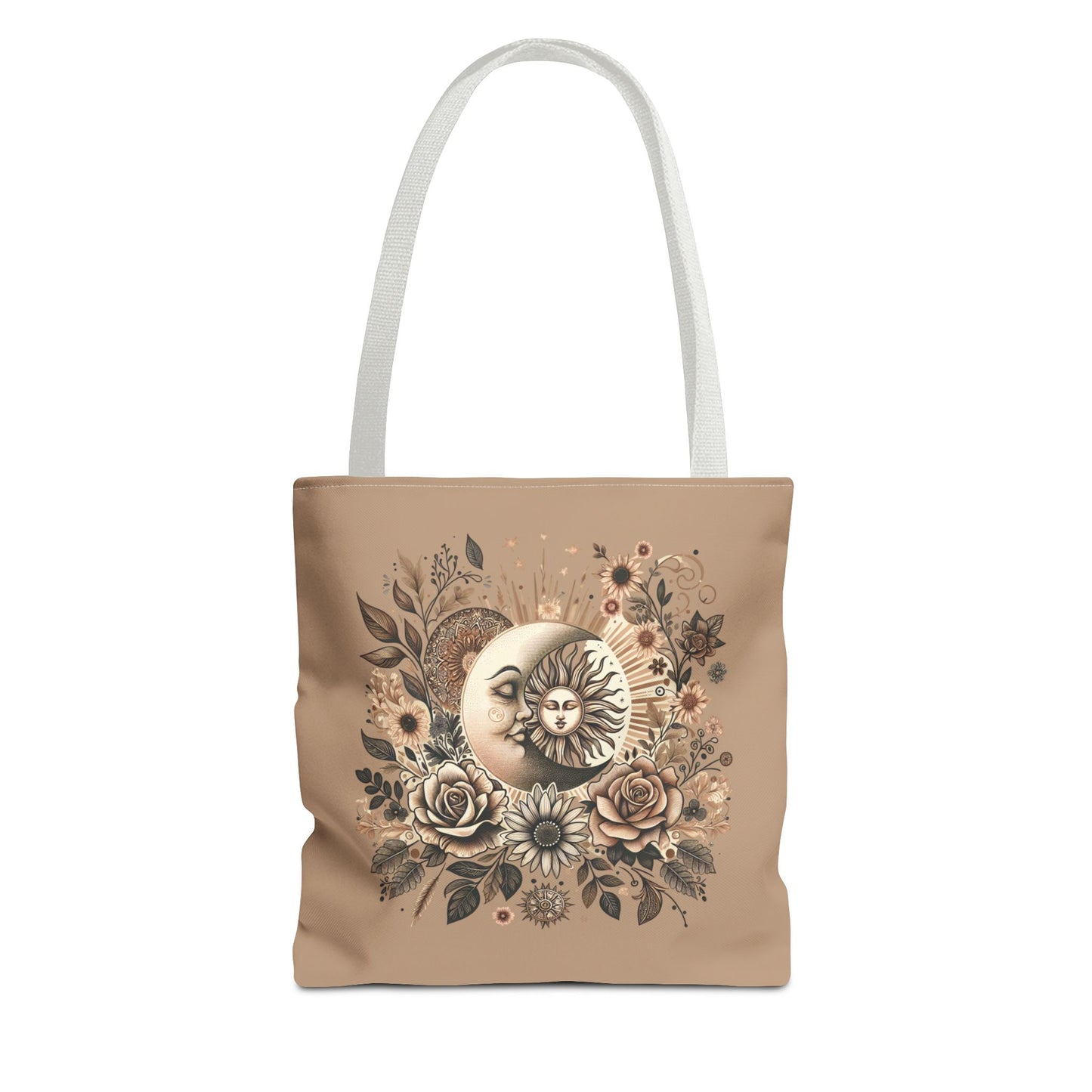 Celestial Sun & Moon Floral Tote Bag — Boho Vintage Astrology Beach Bag