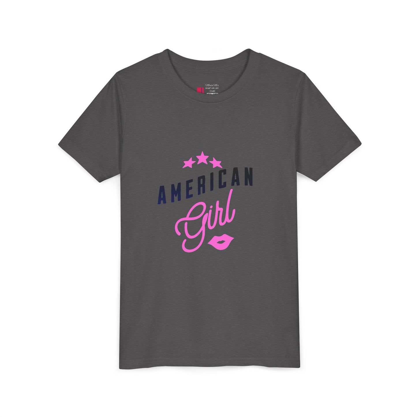 American Girl Youth Tee — Pink Script Stars Patriotic Kids Shirt