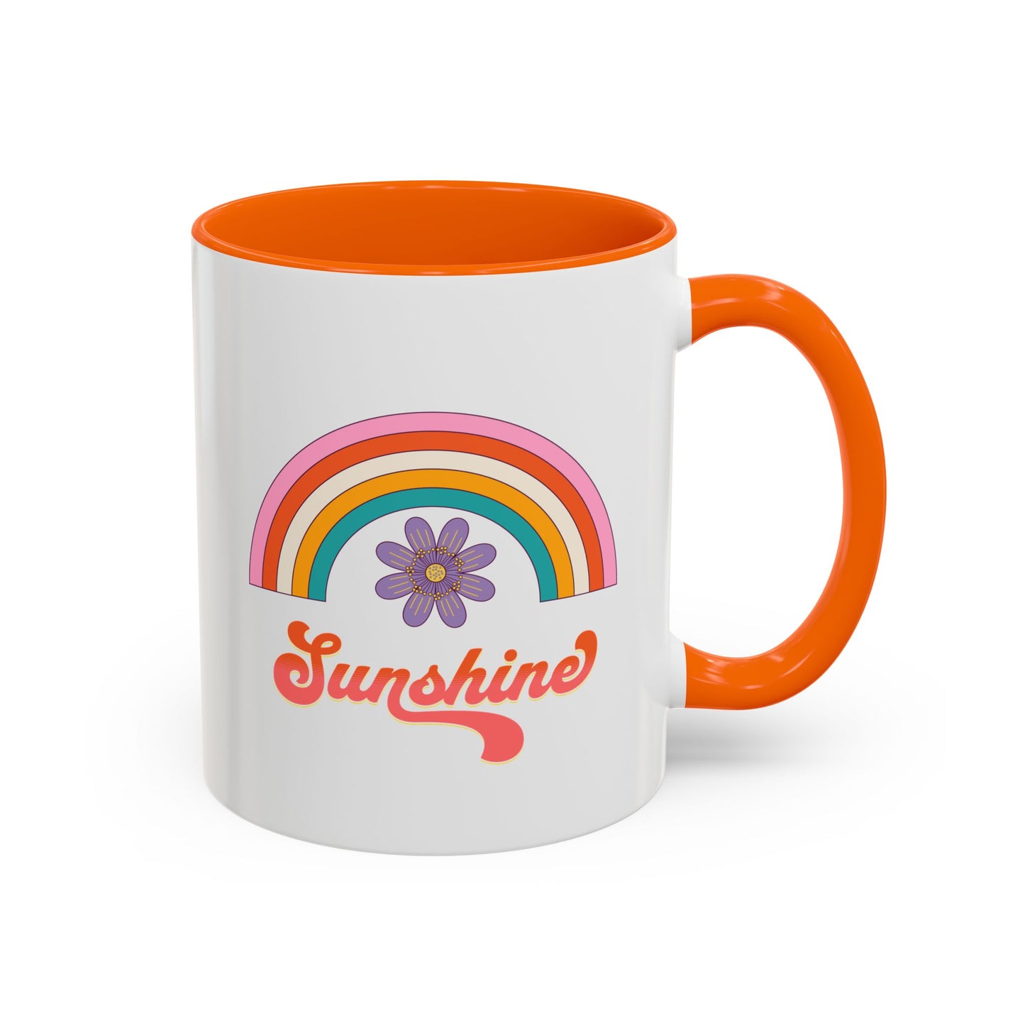 Sunshine Rainbow Accent Coffee Mug — Retro Flower 70s Vibe