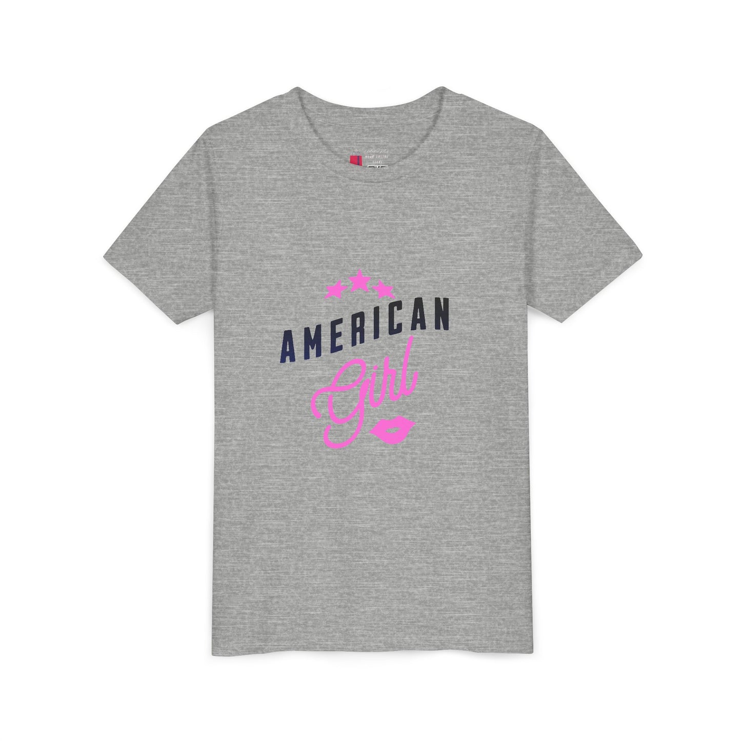 American Girl Youth Tee — Pink Script Stars Patriotic Kids Shirt