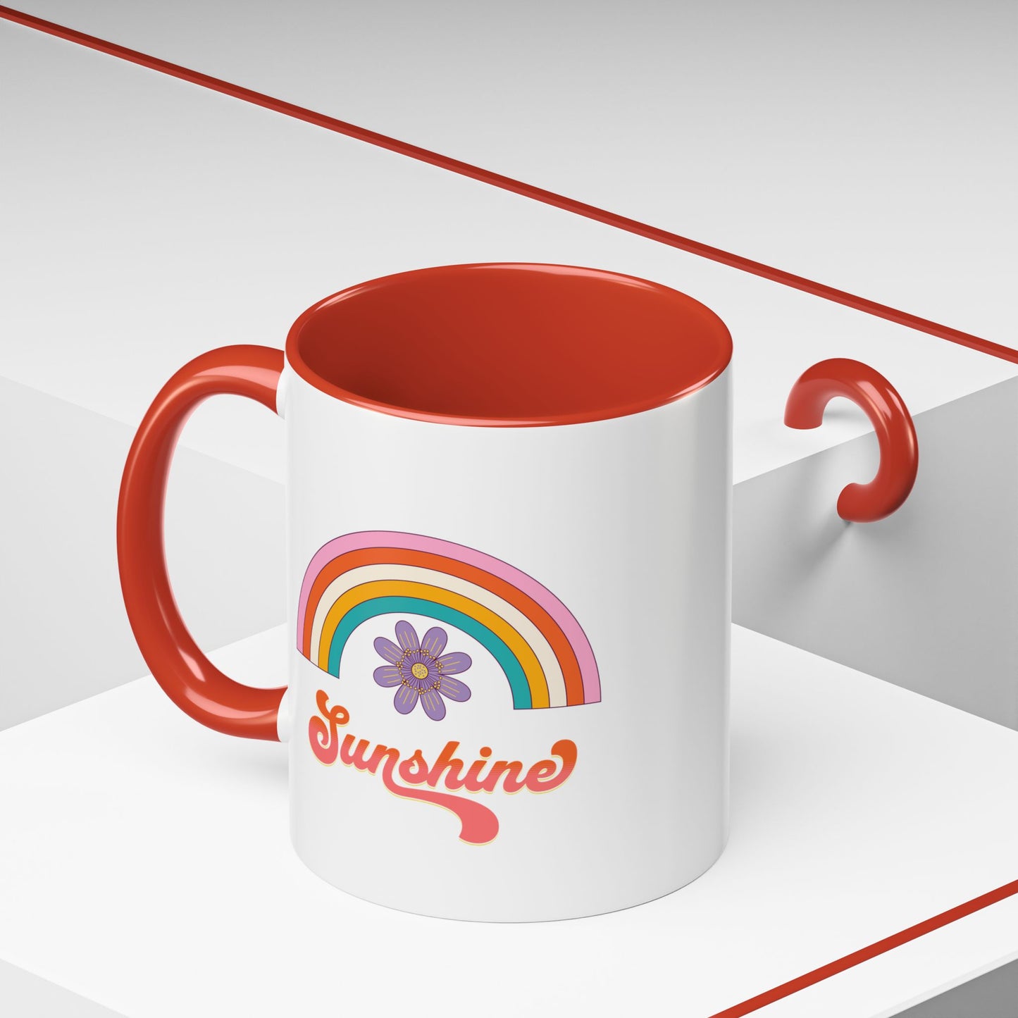 Sunshine Rainbow Accent Coffee Mug — Retro Flower 70s Vibe