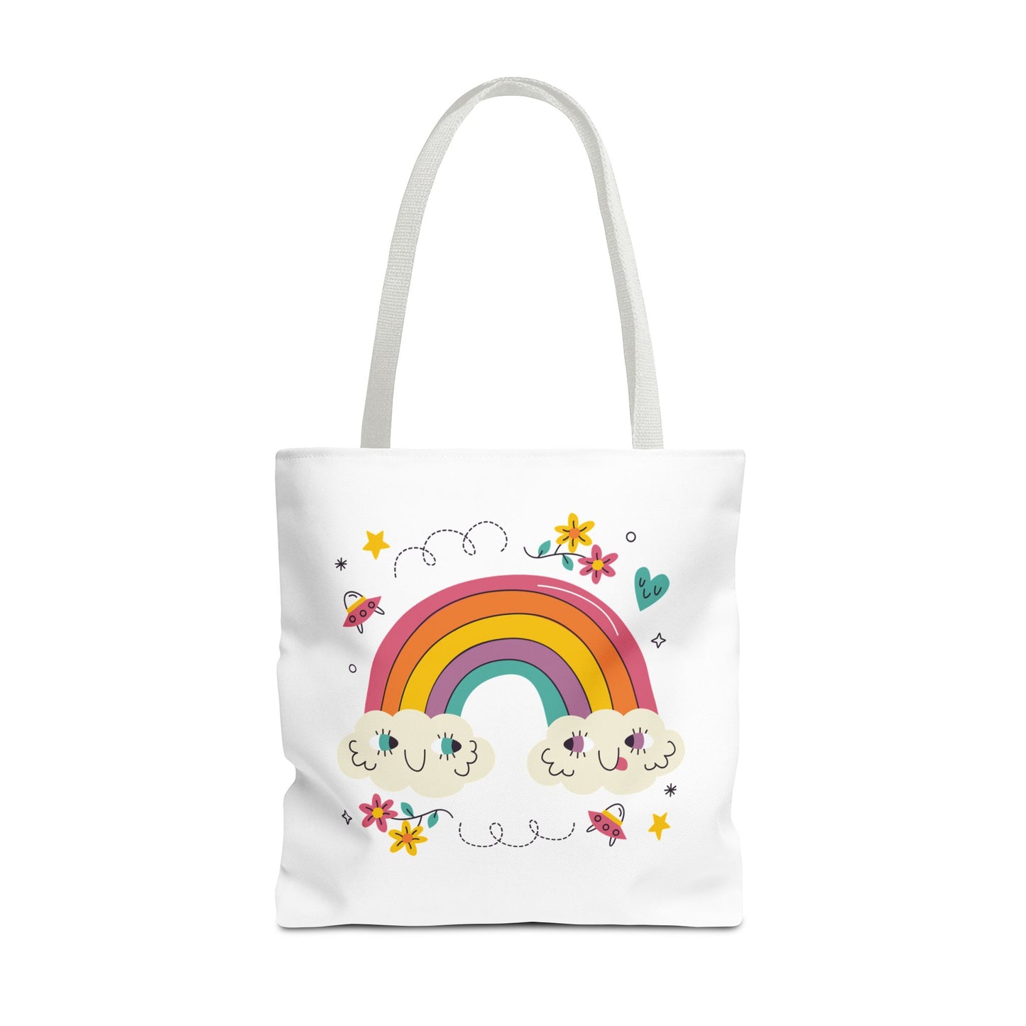 Cute Rainbow Tote Bag — Kawaii Smiling Clouds, Floral & Heart Print