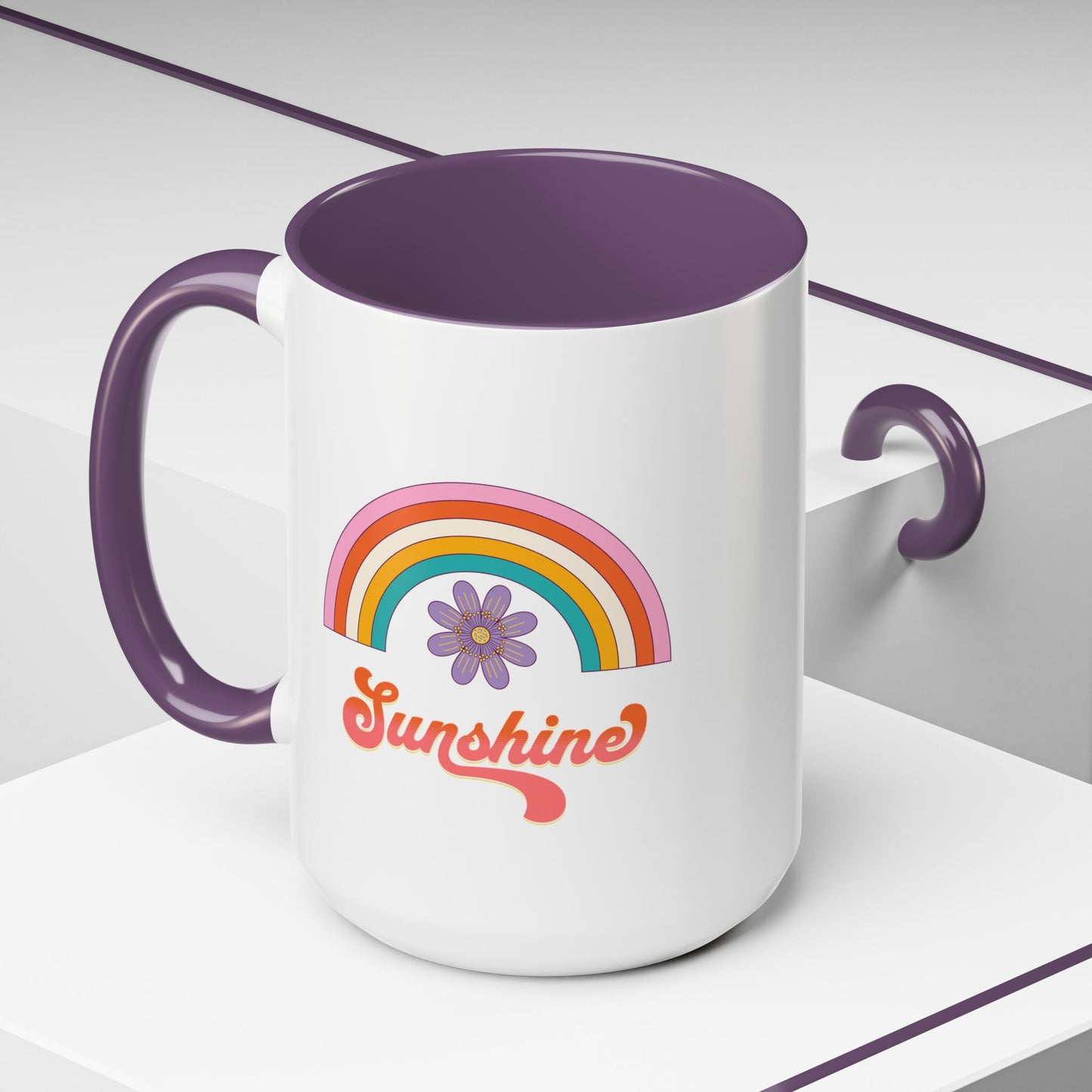 Sunshine Rainbow Accent Coffee Mug — Retro Flower 70s Vibe