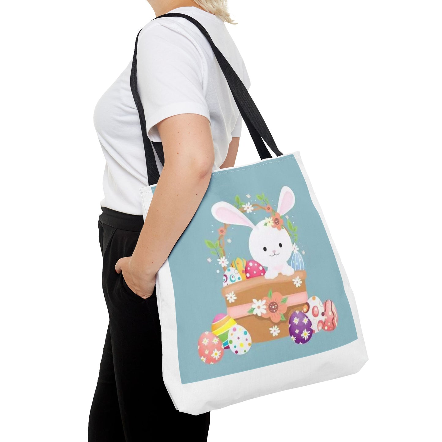 Easter Bunny Tote Bag — Cute Floral Bunny with Painted Eggs All-Over Print