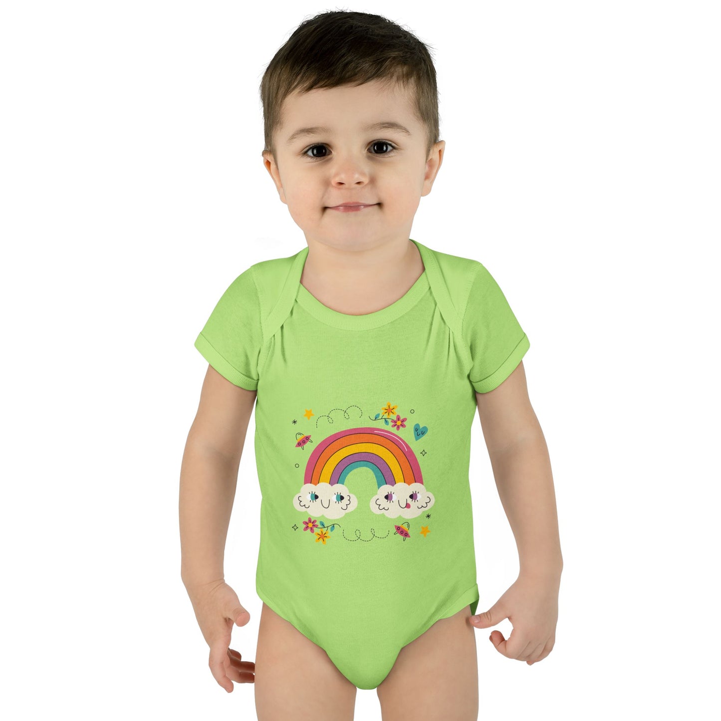 Baby Bodysuit — Cute Rainbow with Smiling Clouds Infant Onesie