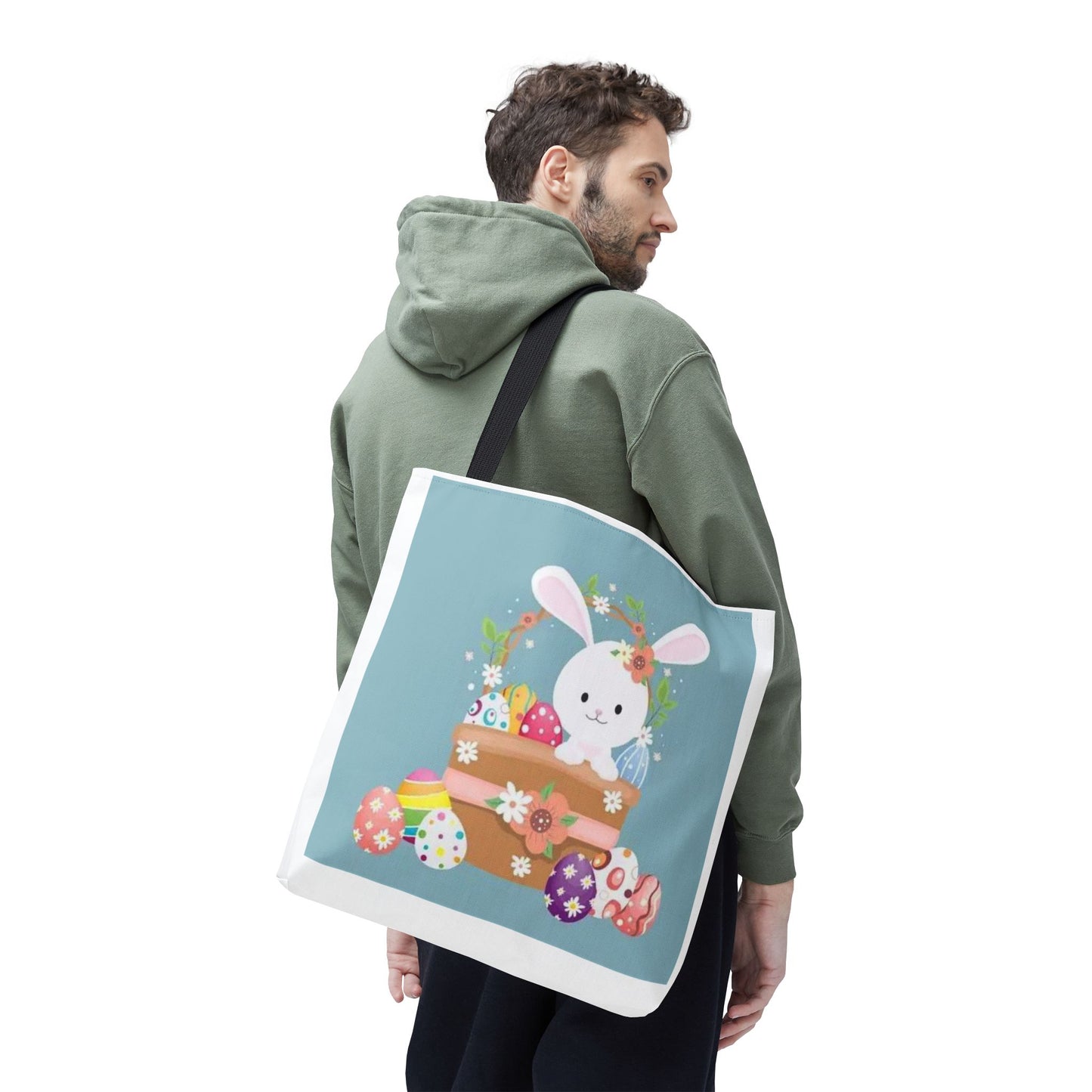 Easter Bunny Tote Bag — Cute Floral Bunny with Painted Eggs All-Over Print