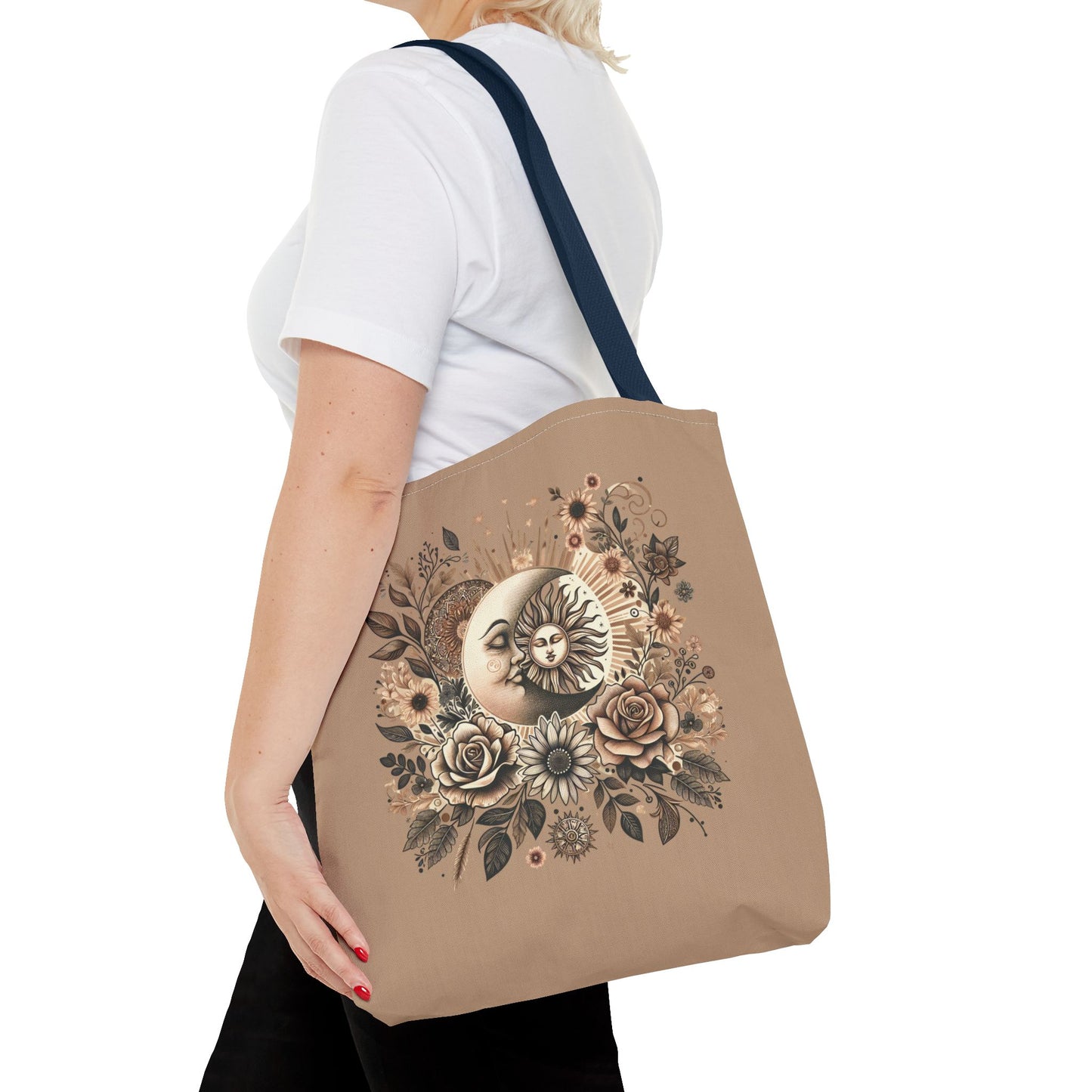 Celestial Sun & Moon Floral Tote Bag — Boho Vintage Astrology Beach Bag