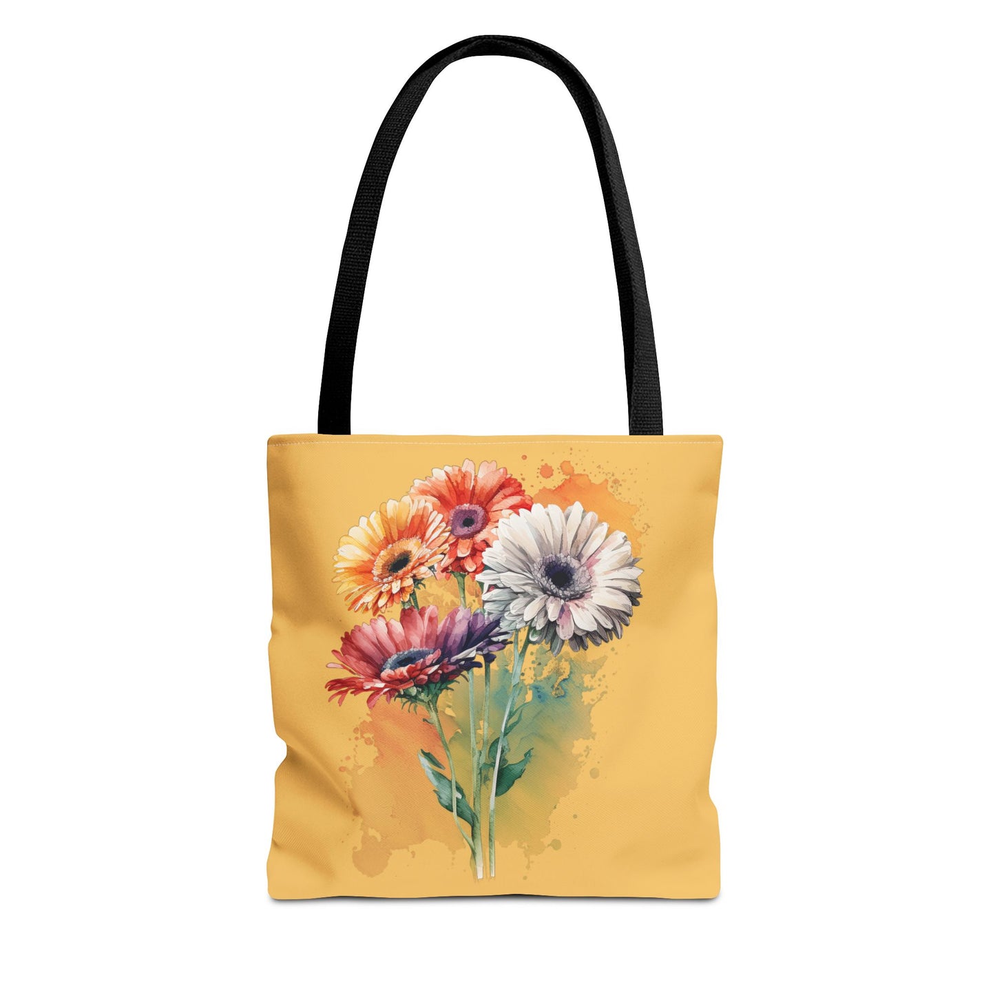 Floral Watercolor Tote Bag — Colorful Gerbera Bouquet on Mustard Background