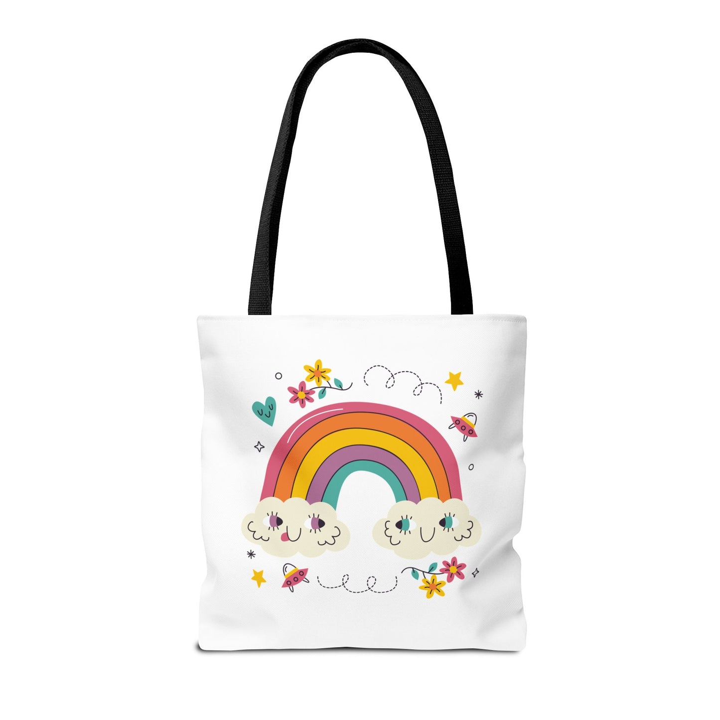 Cute Rainbow Tote Bag — Kawaii Smiling Clouds, Floral & Heart Print