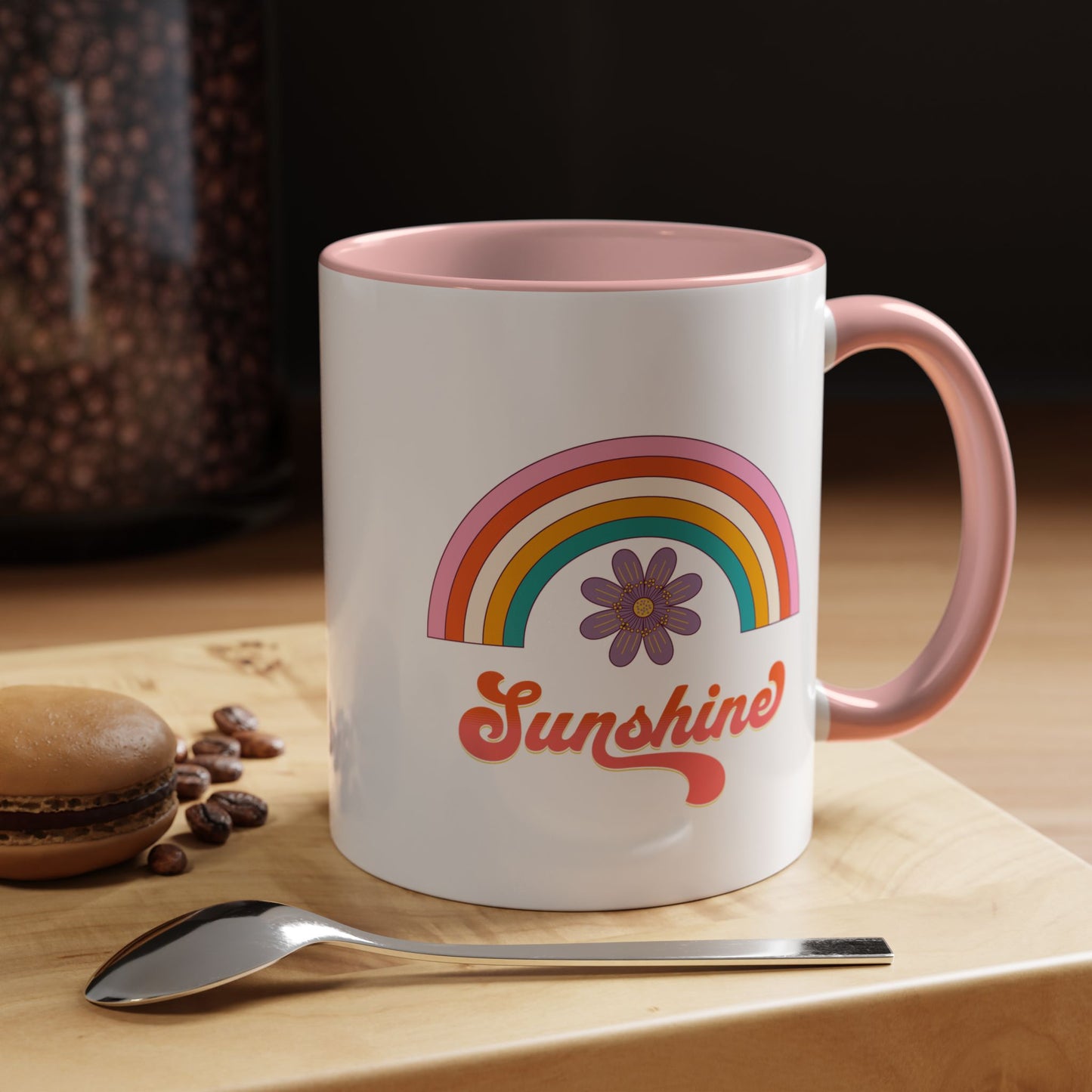 Sunshine Rainbow Accent Coffee Mug — Retro Flower 70s Vibe