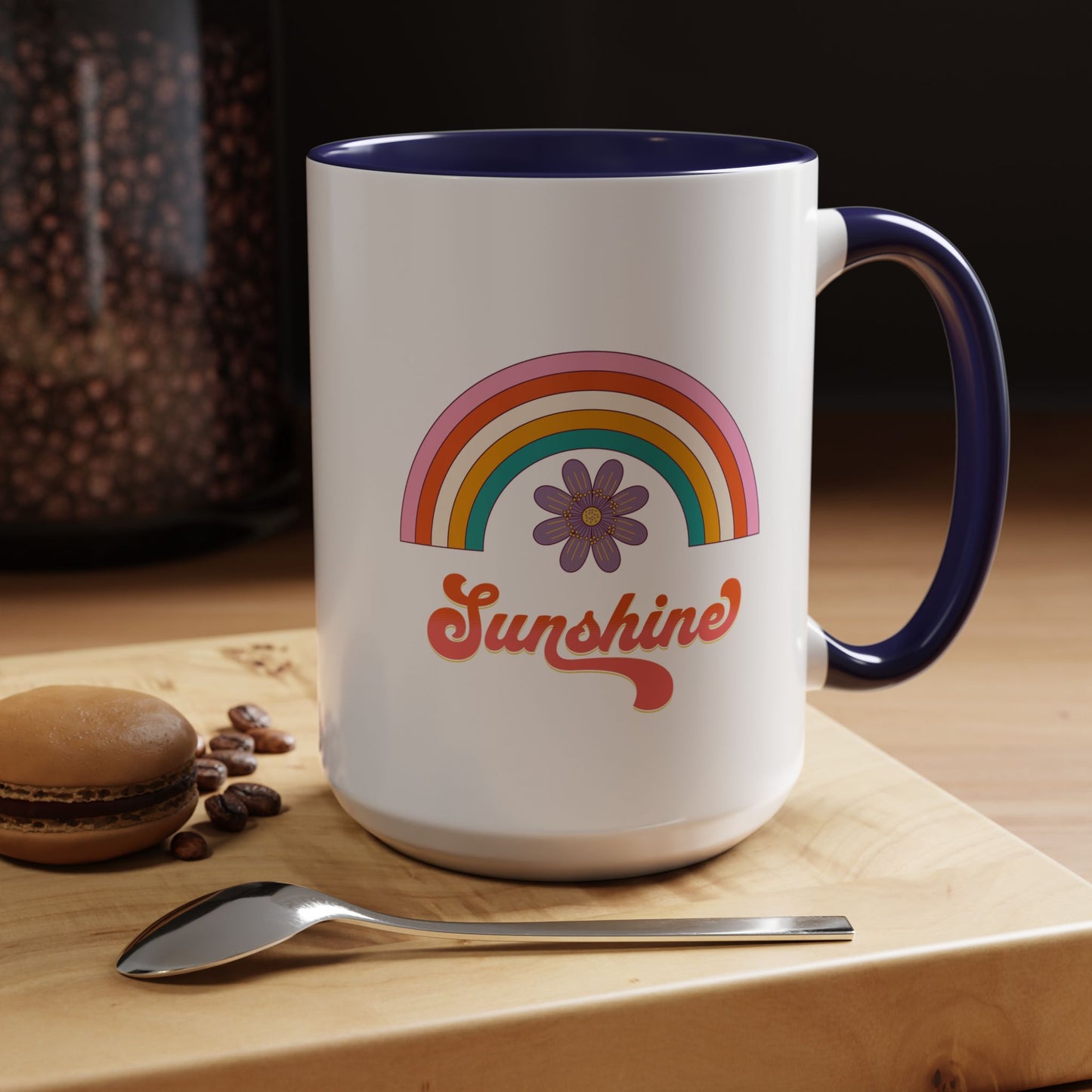 Sunshine Rainbow Accent Coffee Mug — Retro Flower 70s Vibe