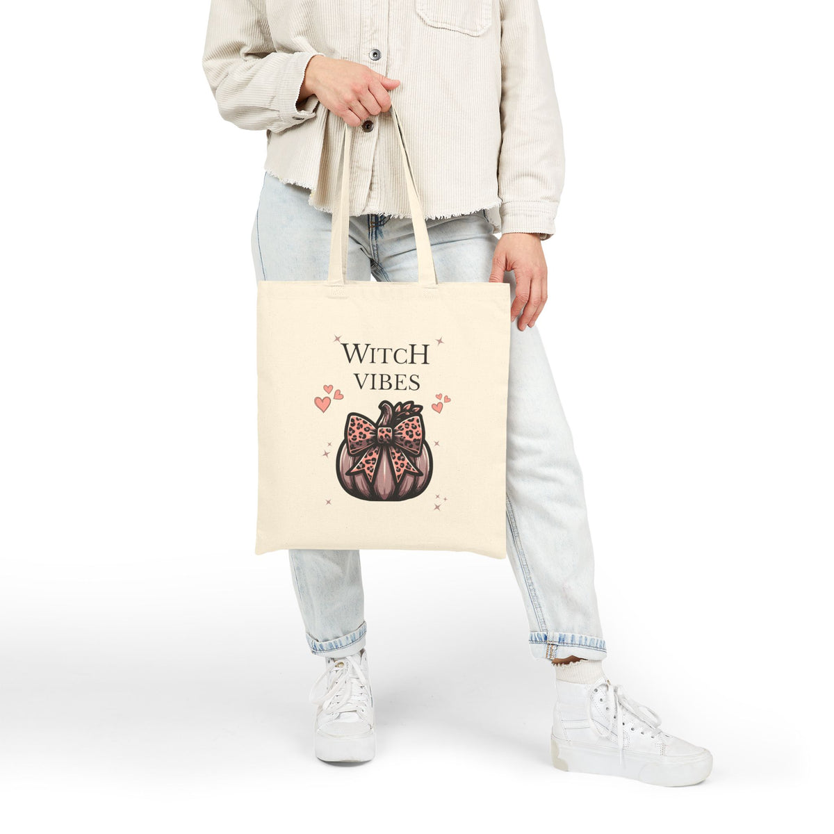 Witch Vibes Canvas Tote Bag – Cute Pumpkin & Leopard Bow Halloween Shopper