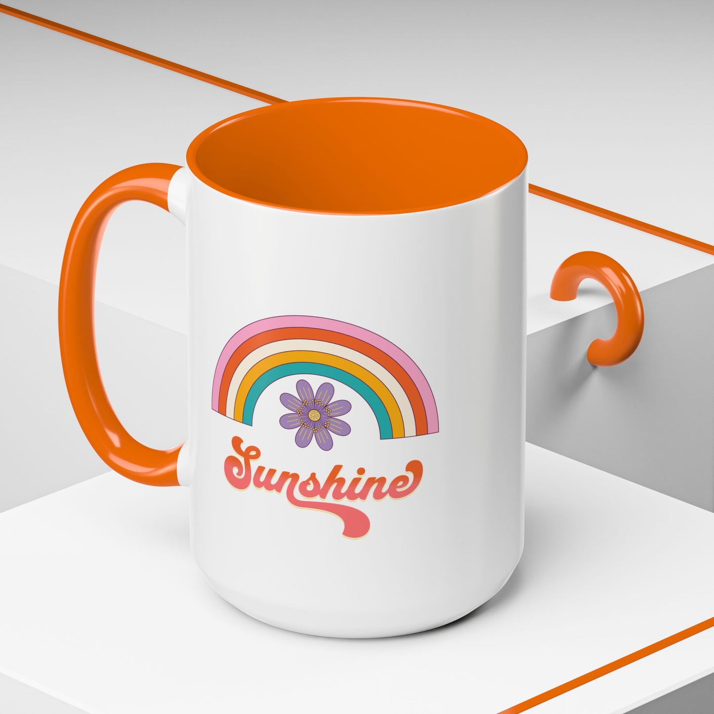 Sunshine Rainbow Accent Coffee Mug — Retro Flower 70s Vibe