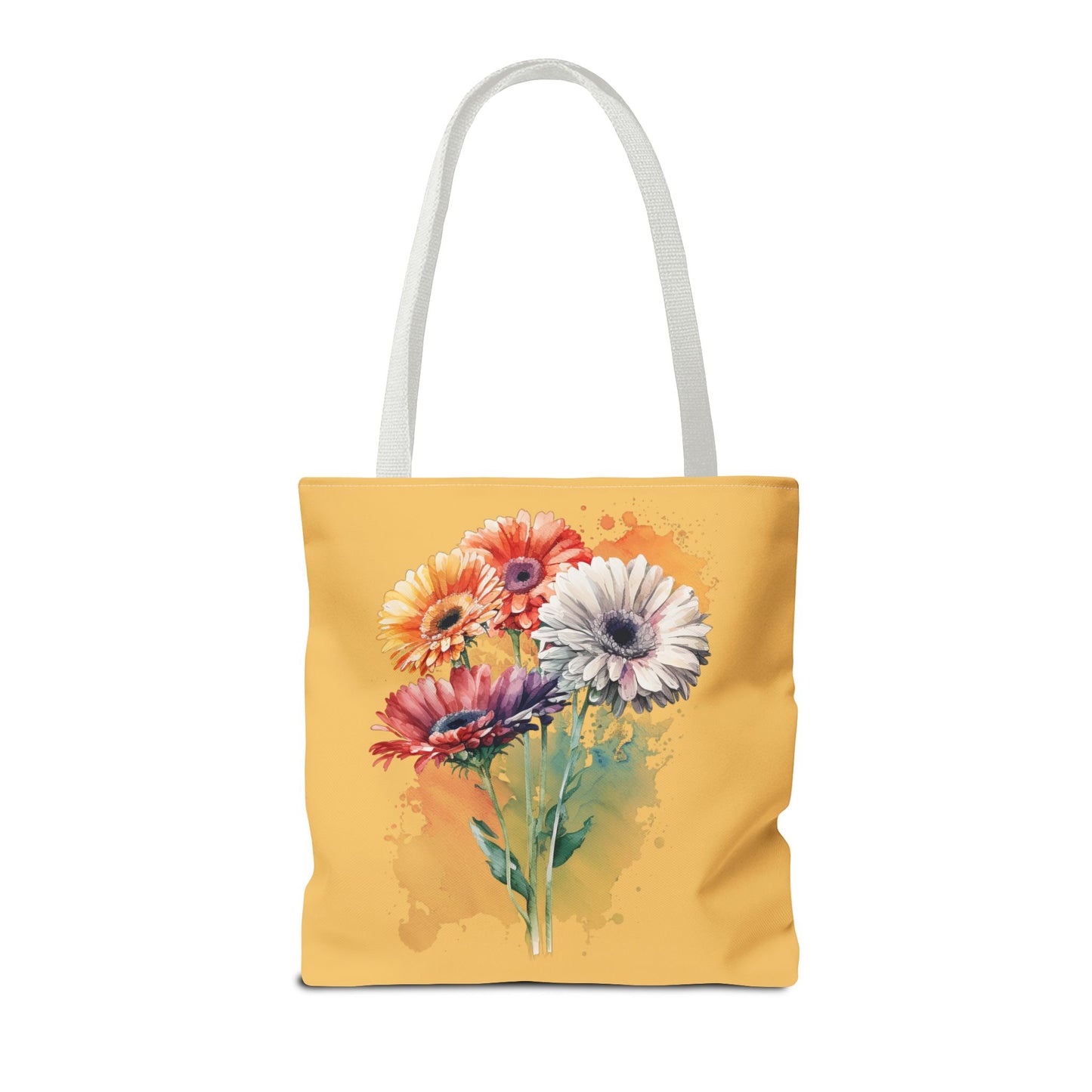 Floral Watercolor Tote Bag — Colorful Gerbera Bouquet on Mustard Background