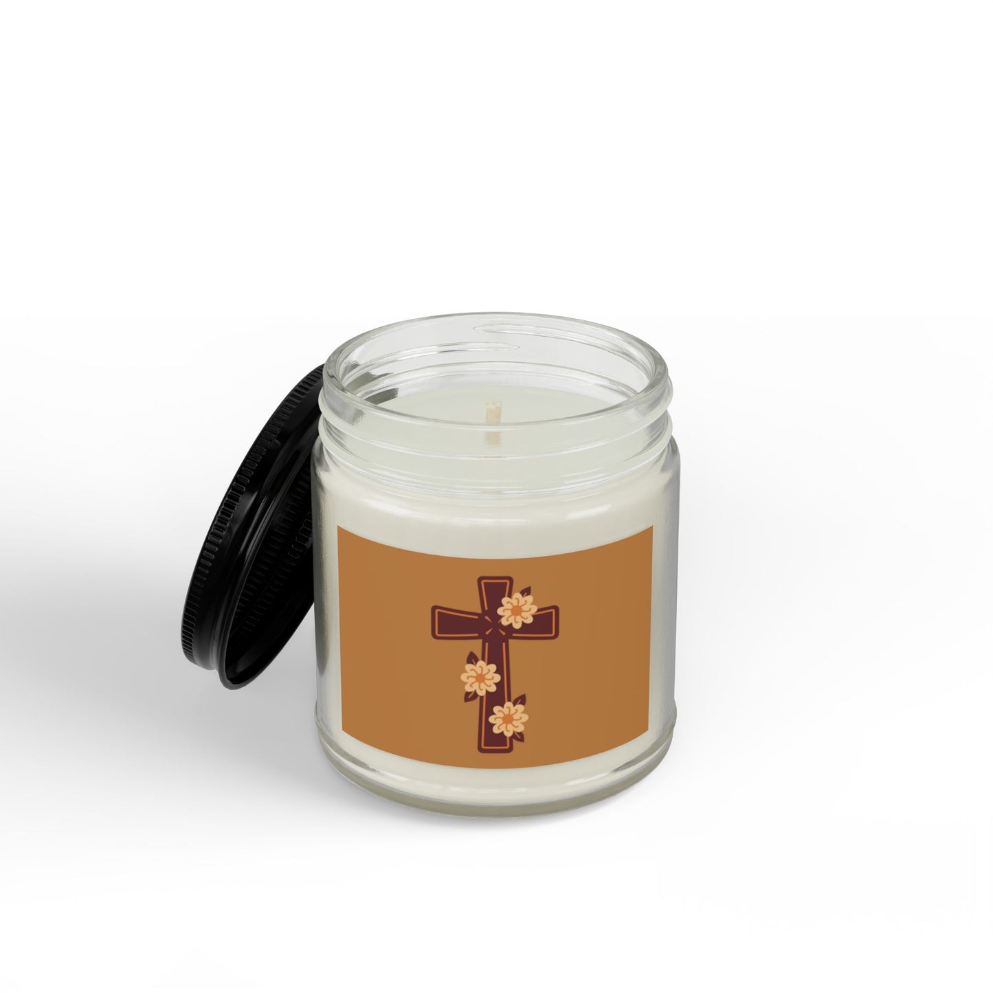 Floral Cross Scented Soy Candle — 4oz & 9oz Amber Jar with Black Lid