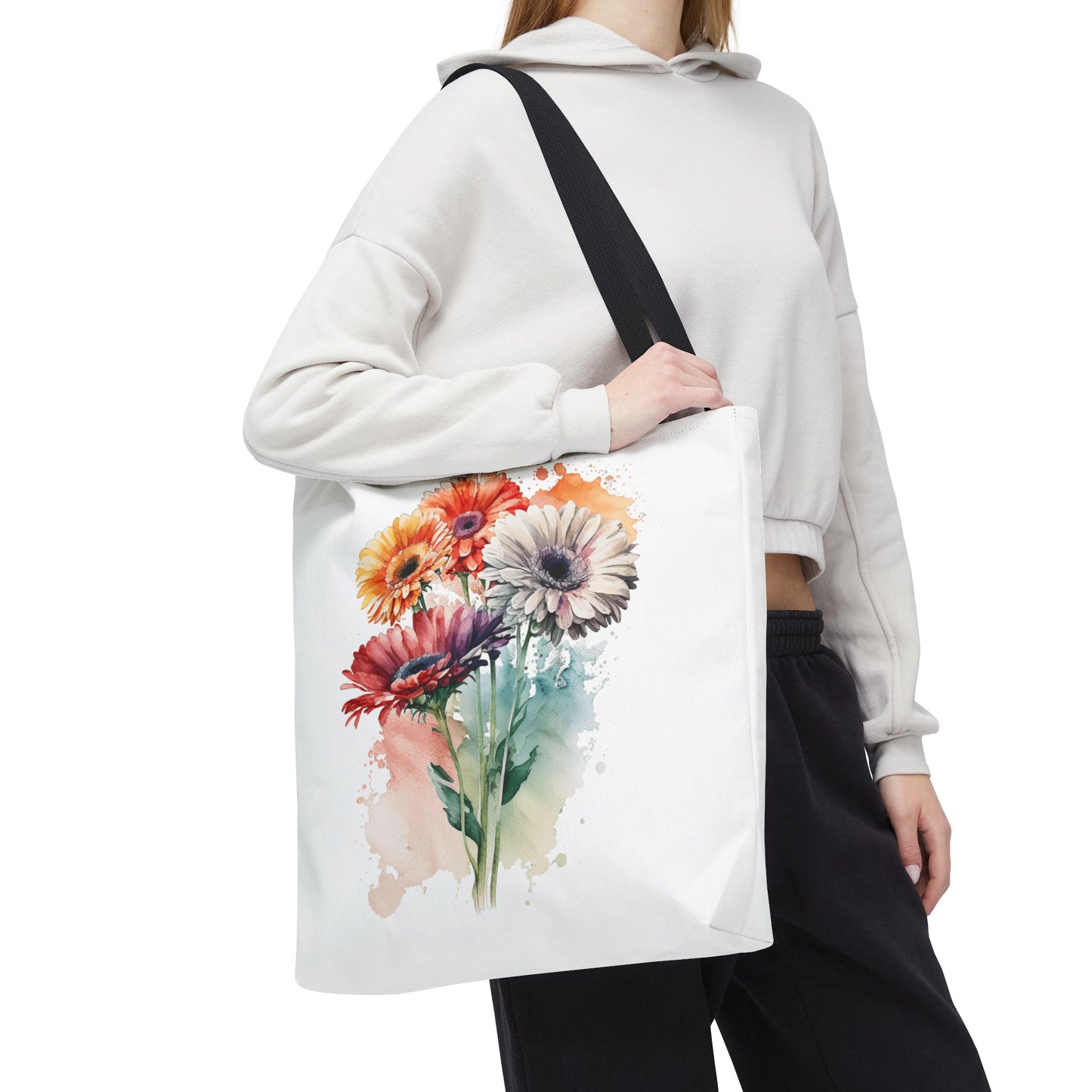 Floral Watercolor Tote Bag — Colorful Gerbera Bouquet All-Over Print