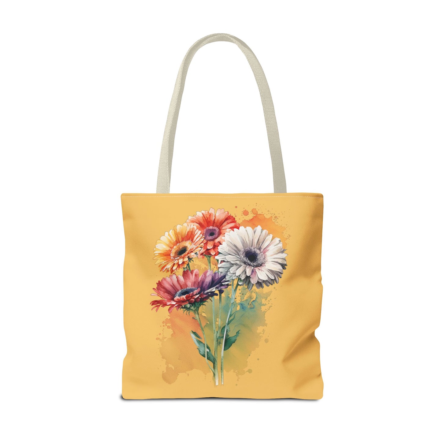 Floral Watercolor Tote Bag — Colorful Gerbera Bouquet on Mustard Background
