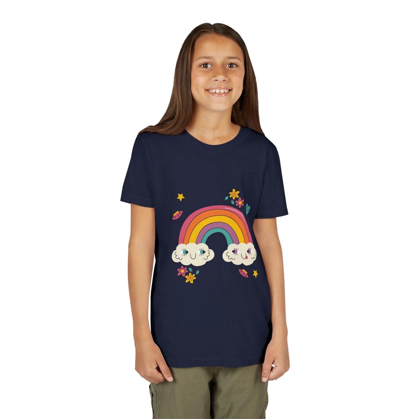 Youth Rainbow Tee — Cute Smiling Clouds & Rainbow Kids Shirt