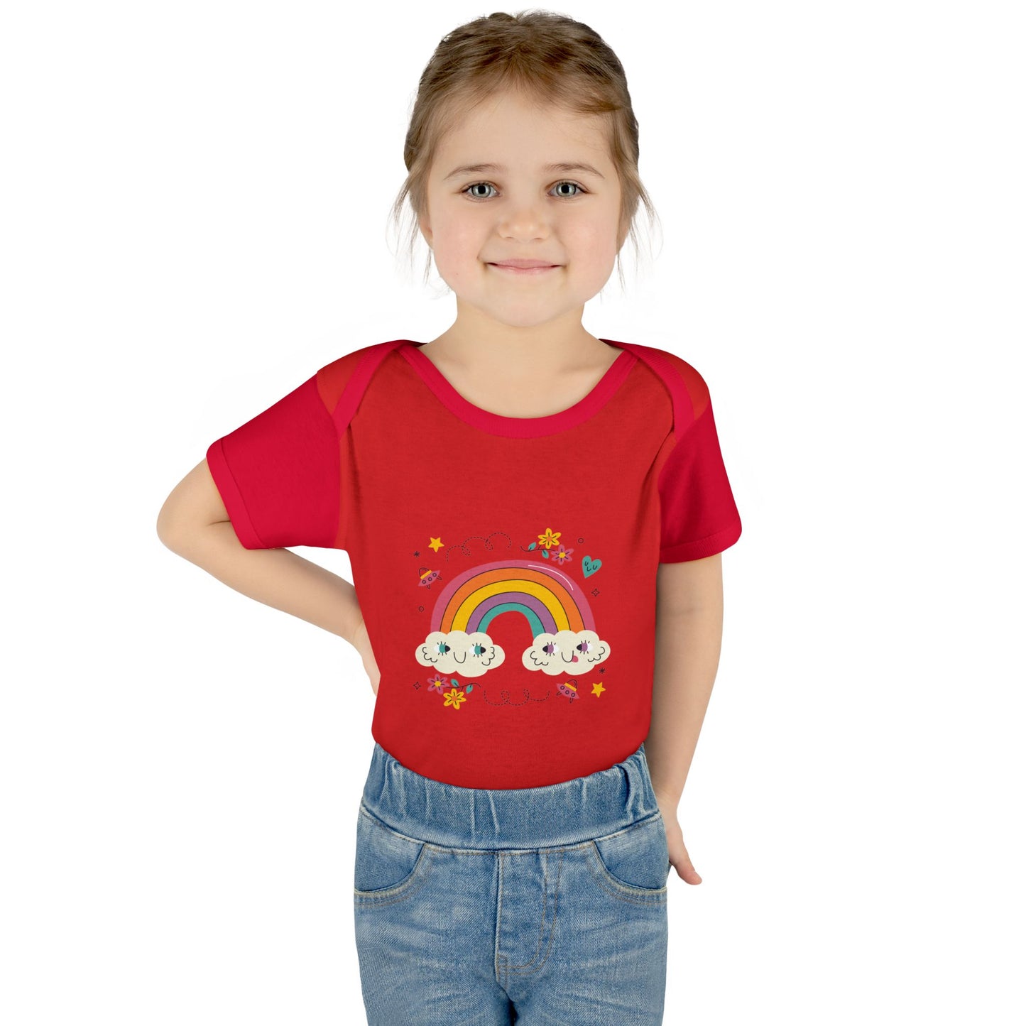 Baby Bodysuit — Cute Rainbow with Smiling Clouds Infant Onesie