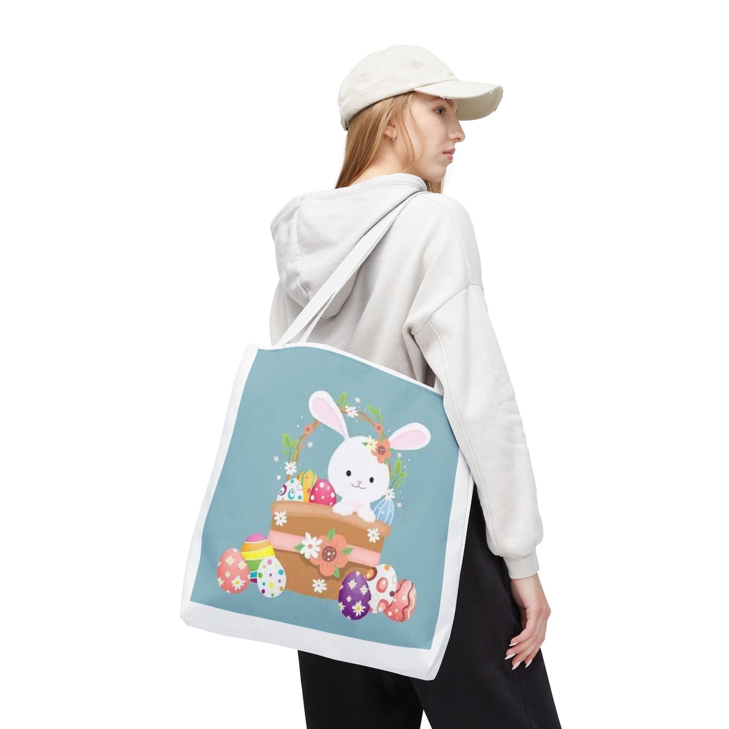 Easter Bunny Tote Bag — Cute Floral Bunny with Painted Eggs All-Over Print