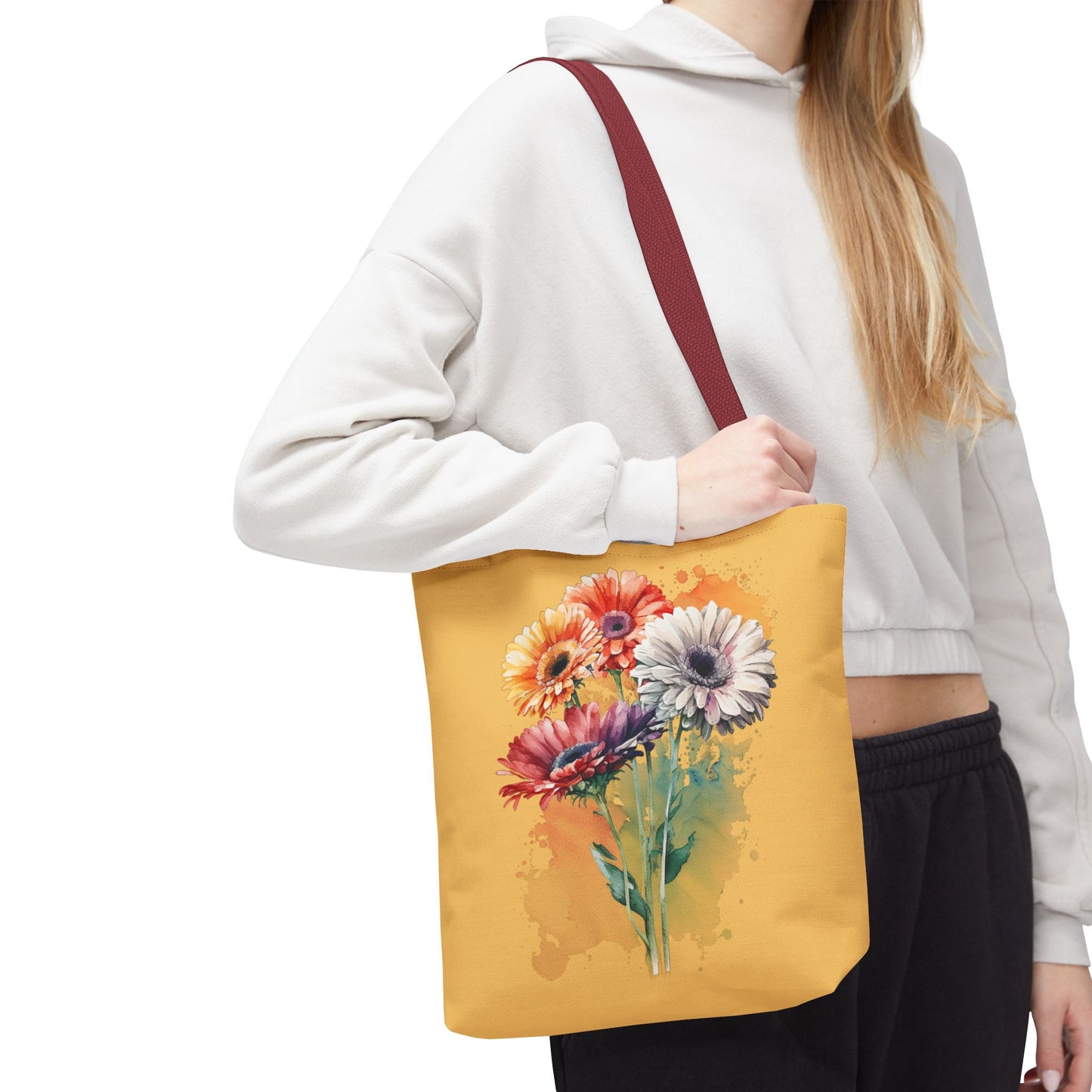 Floral Watercolor Tote Bag — Colorful Gerbera Bouquet on Mustard Background