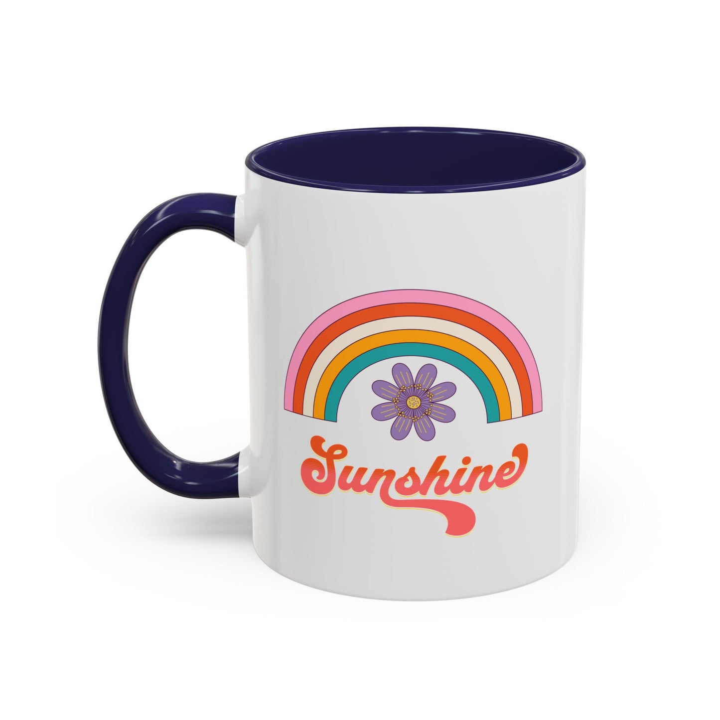 Sunshine Rainbow Accent Coffee Mug — Retro Flower 70s Vibe
