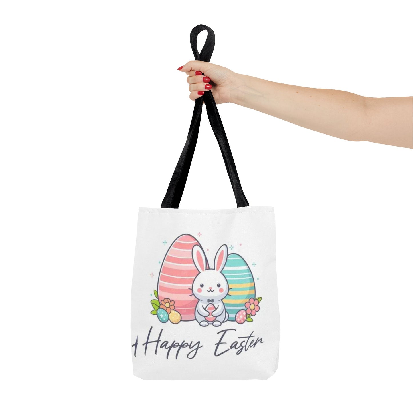 Easter Bunny Tote Bag — Cute "Happy Easter" Bunny with Colorful Eggs