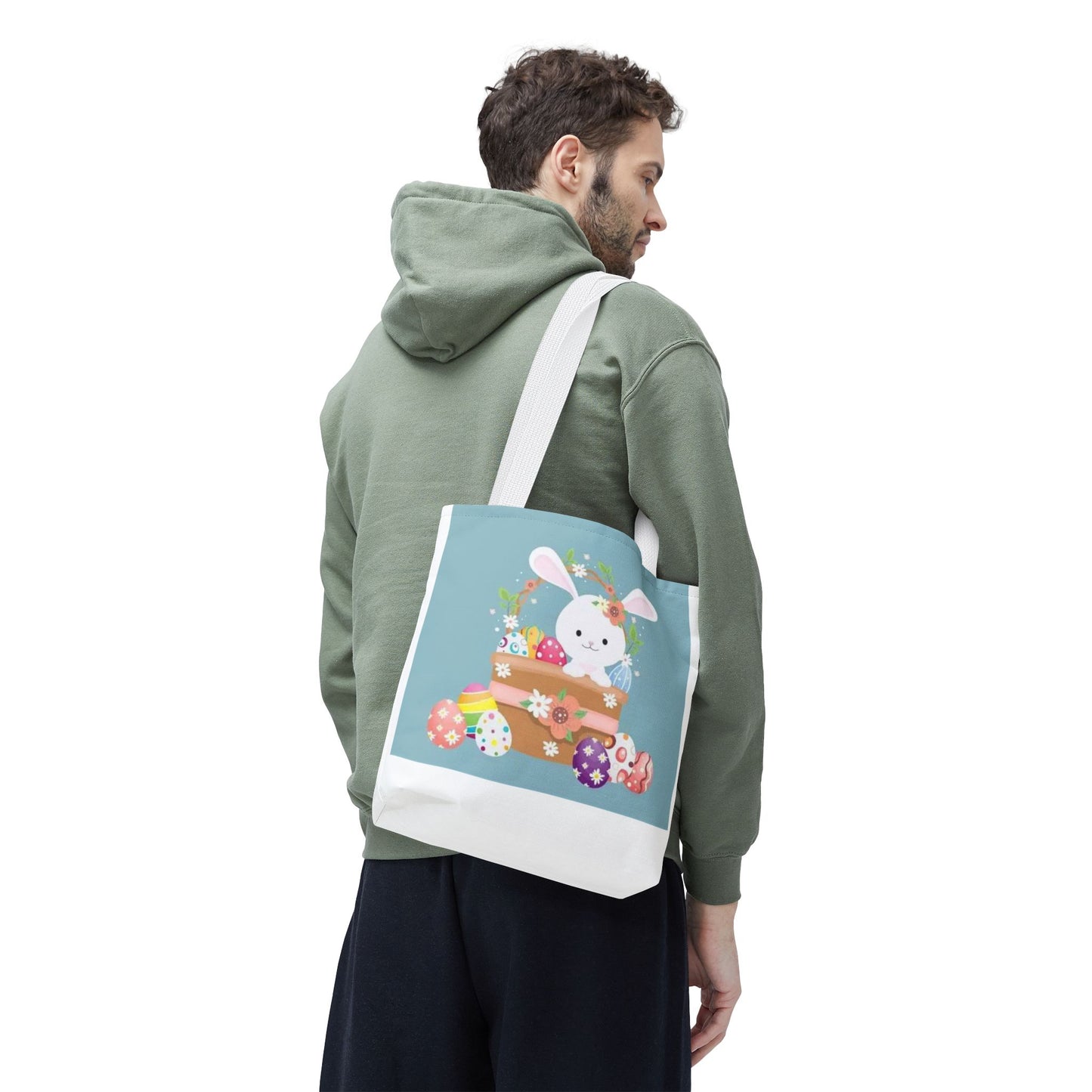 Easter Bunny Tote Bag — Cute Floral Bunny with Painted Eggs All-Over Print