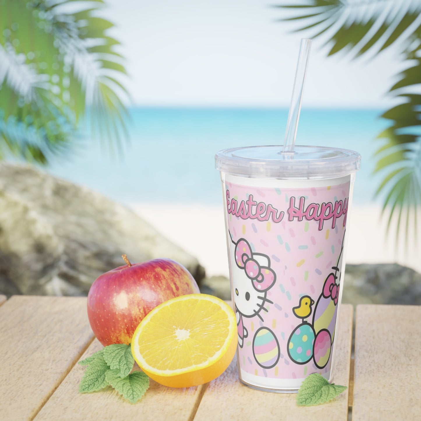 Easter Hello Kitty Plastic Tumbler with Straw — Pastel Egg & Chick Design