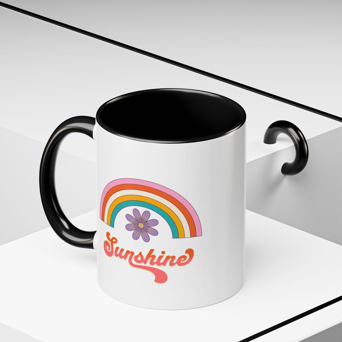 Sunshine Rainbow Accent Coffee Mug — Retro Flower 70s Vibe