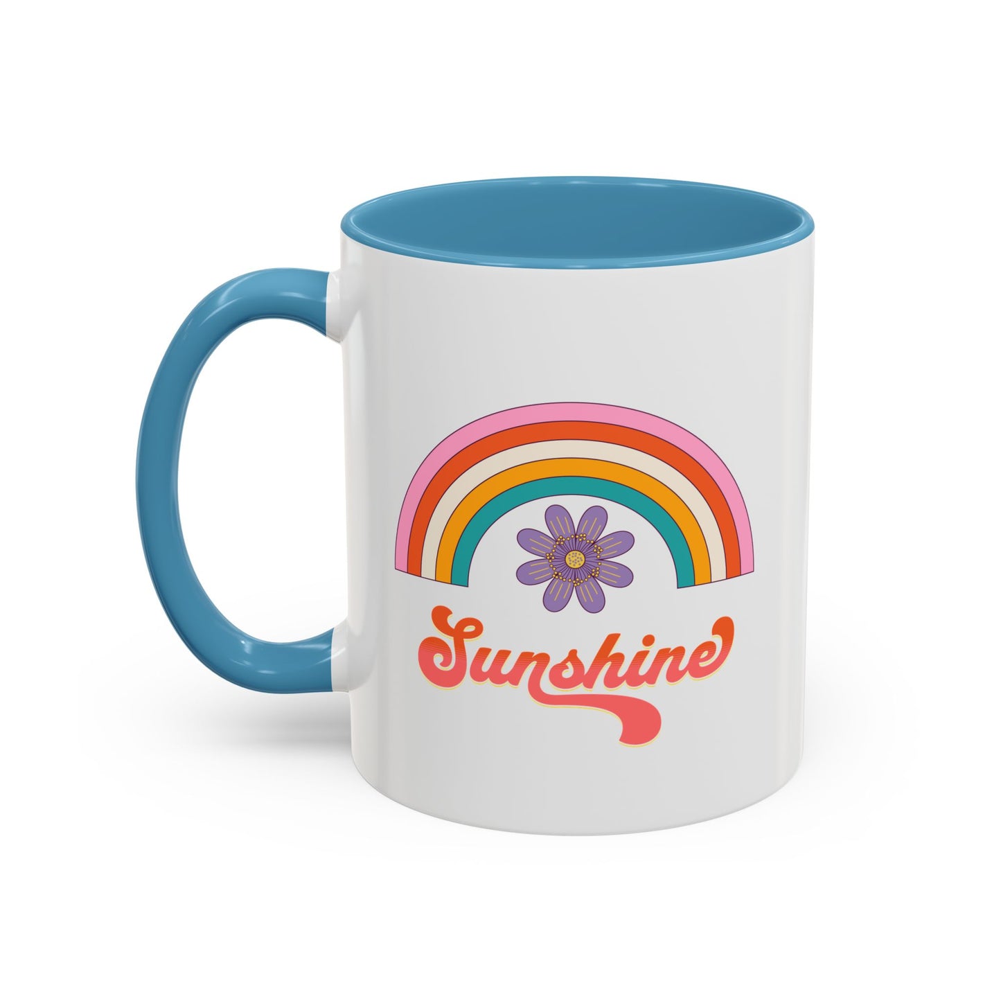 Sunshine Rainbow Accent Coffee Mug — Retro Flower 70s Vibe