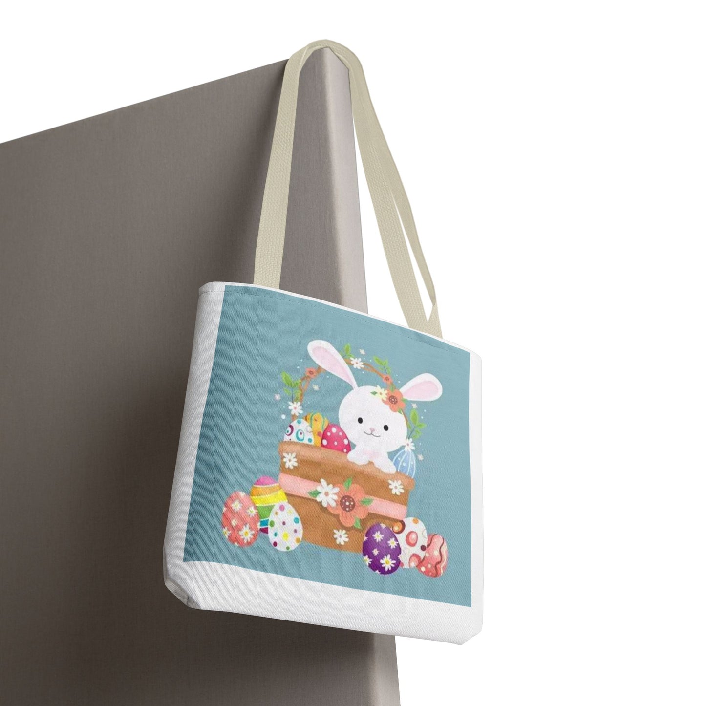 Easter Bunny Tote Bag — Cute Floral Bunny with Painted Eggs All-Over Print