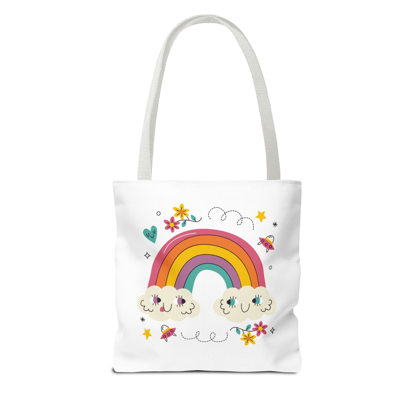 Cute Rainbow Tote Bag — Kawaii Smiling Clouds, Floral & Heart Print