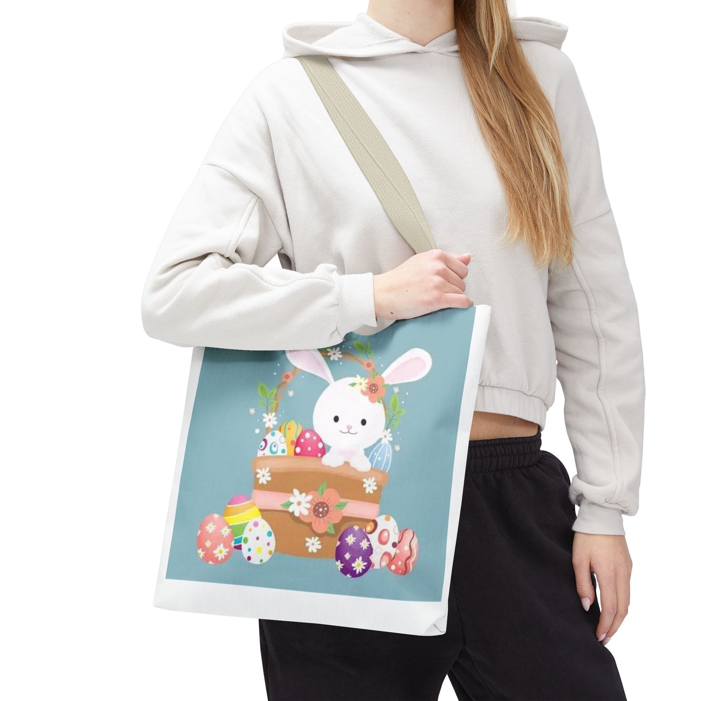 Easter Bunny Tote Bag — Cute Floral Bunny with Painted Eggs All-Over Print