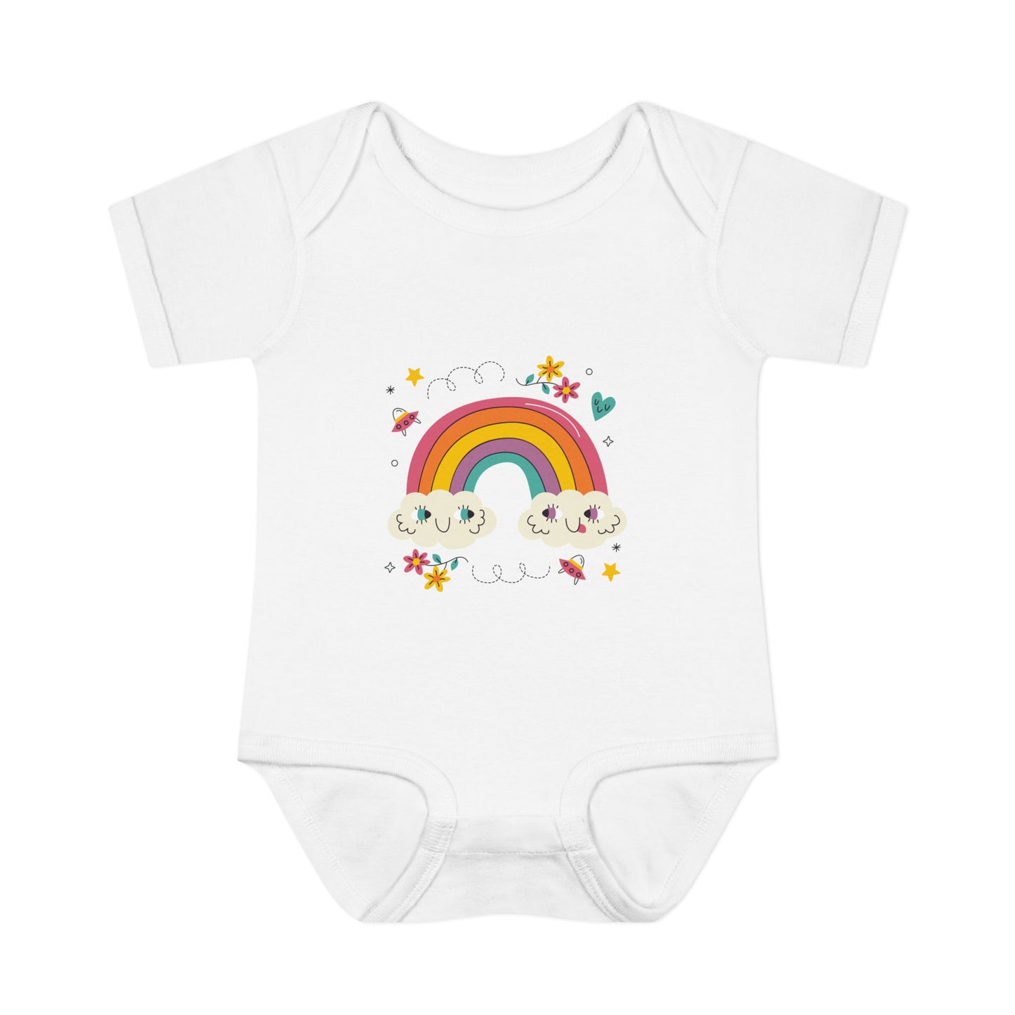 Baby Bodysuit — Cute Rainbow with Smiling Clouds Infant Onesie