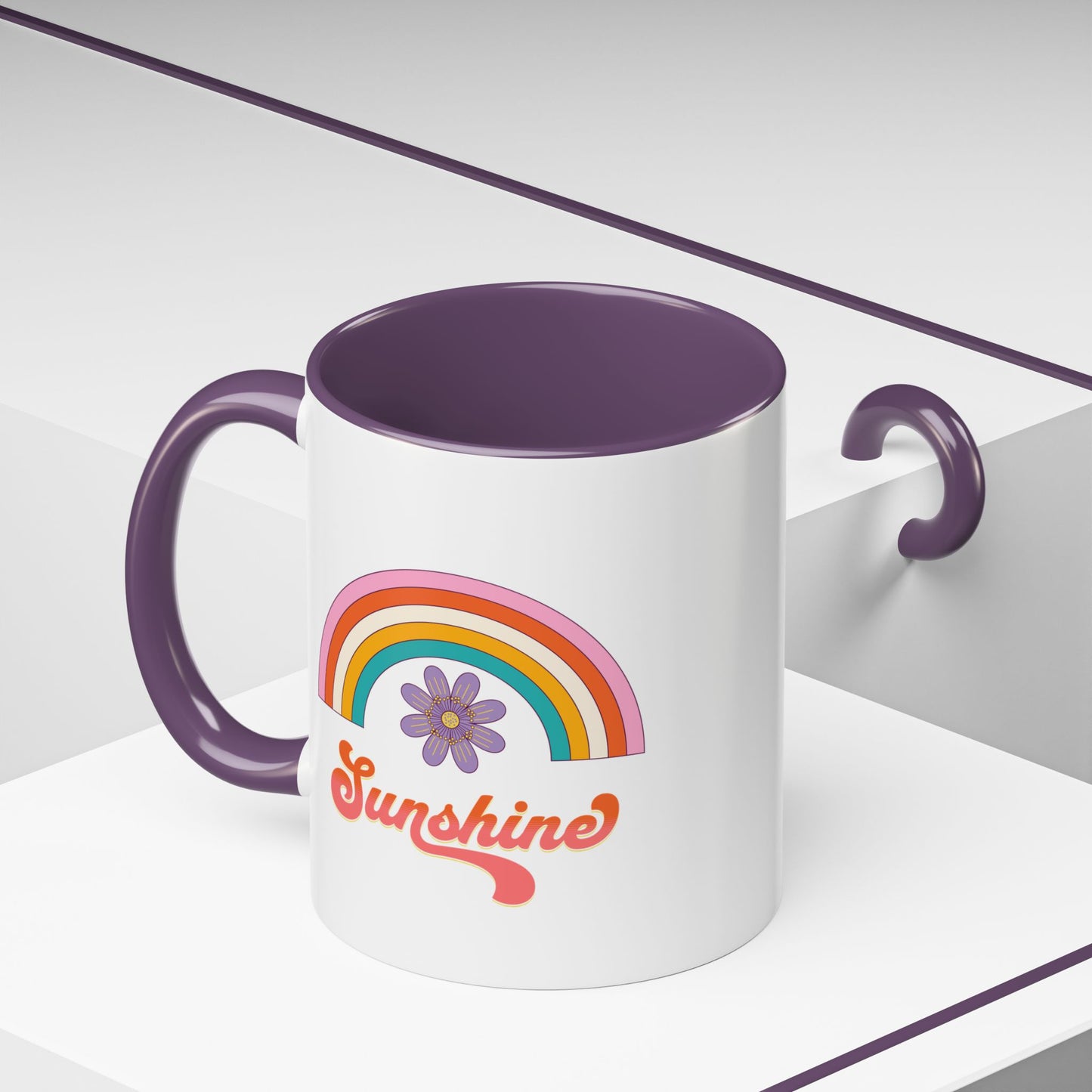Sunshine Rainbow Accent Coffee Mug — Retro Flower 70s Vibe