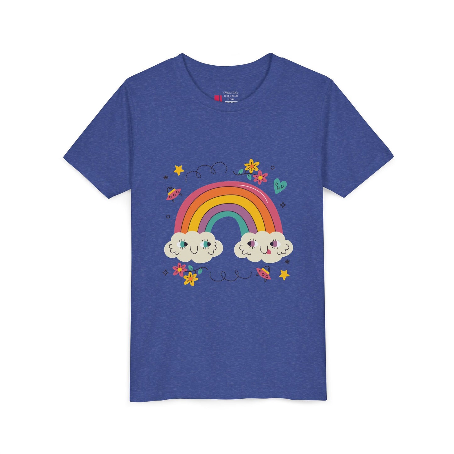Youth Rainbow Tee — Cute Smiling Clouds & Rainbow Kids Shirt