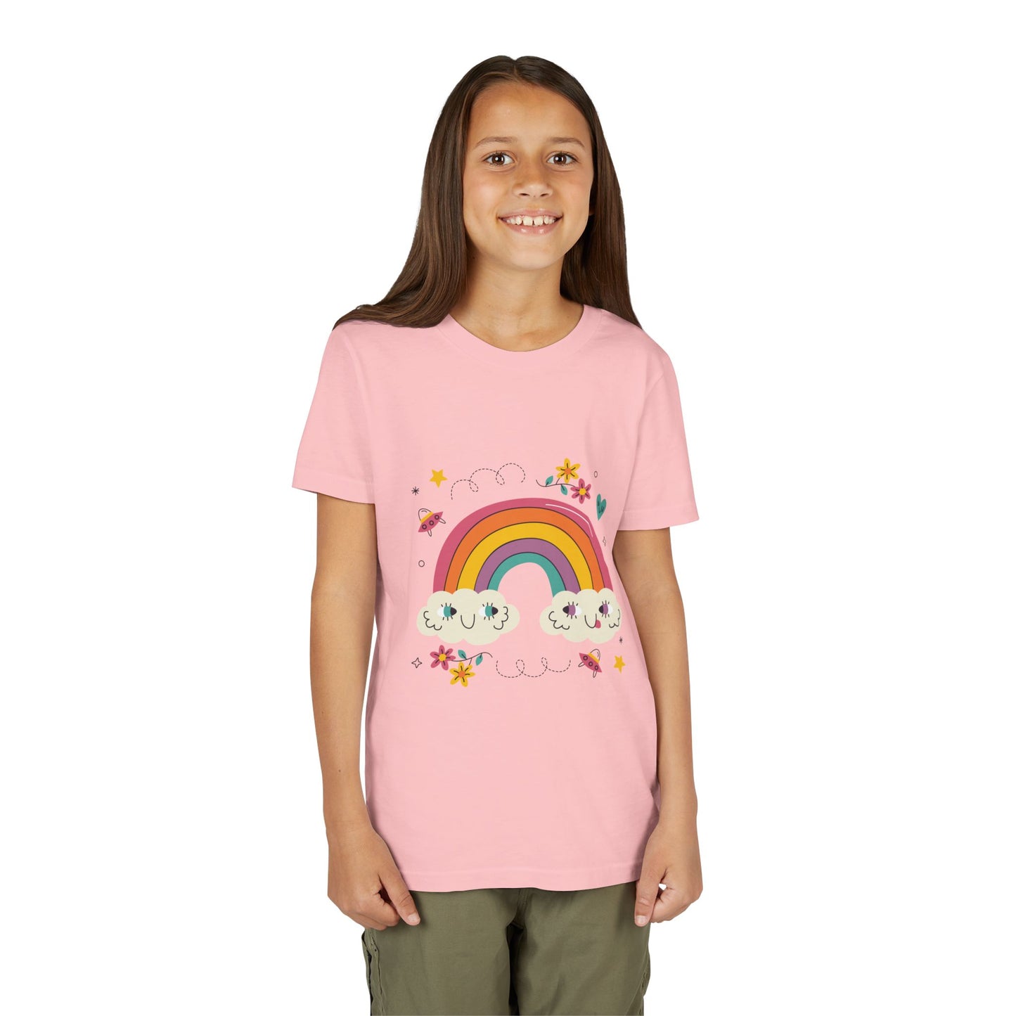 Youth Rainbow Tee — Cute Smiling Clouds & Rainbow Kids Shirt