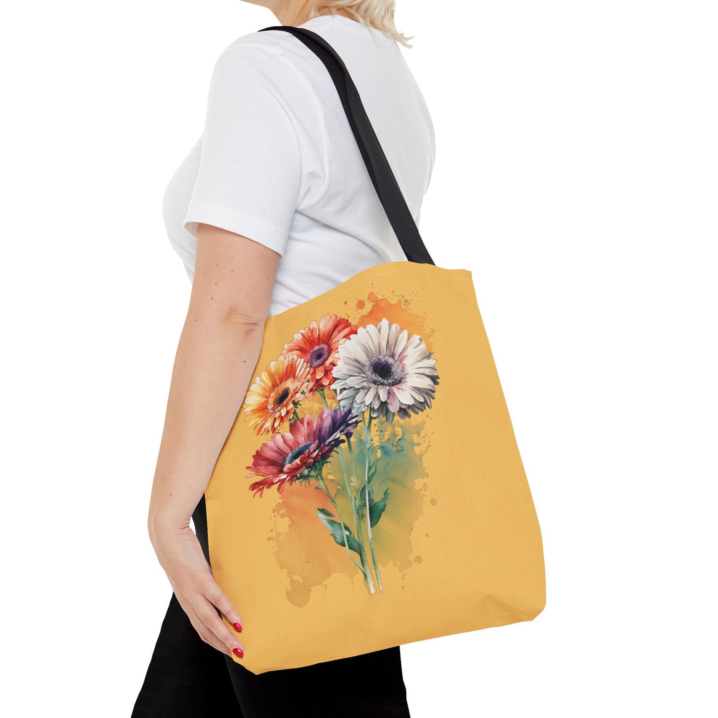 Floral Watercolor Tote Bag — Colorful Gerbera Bouquet on Mustard Background