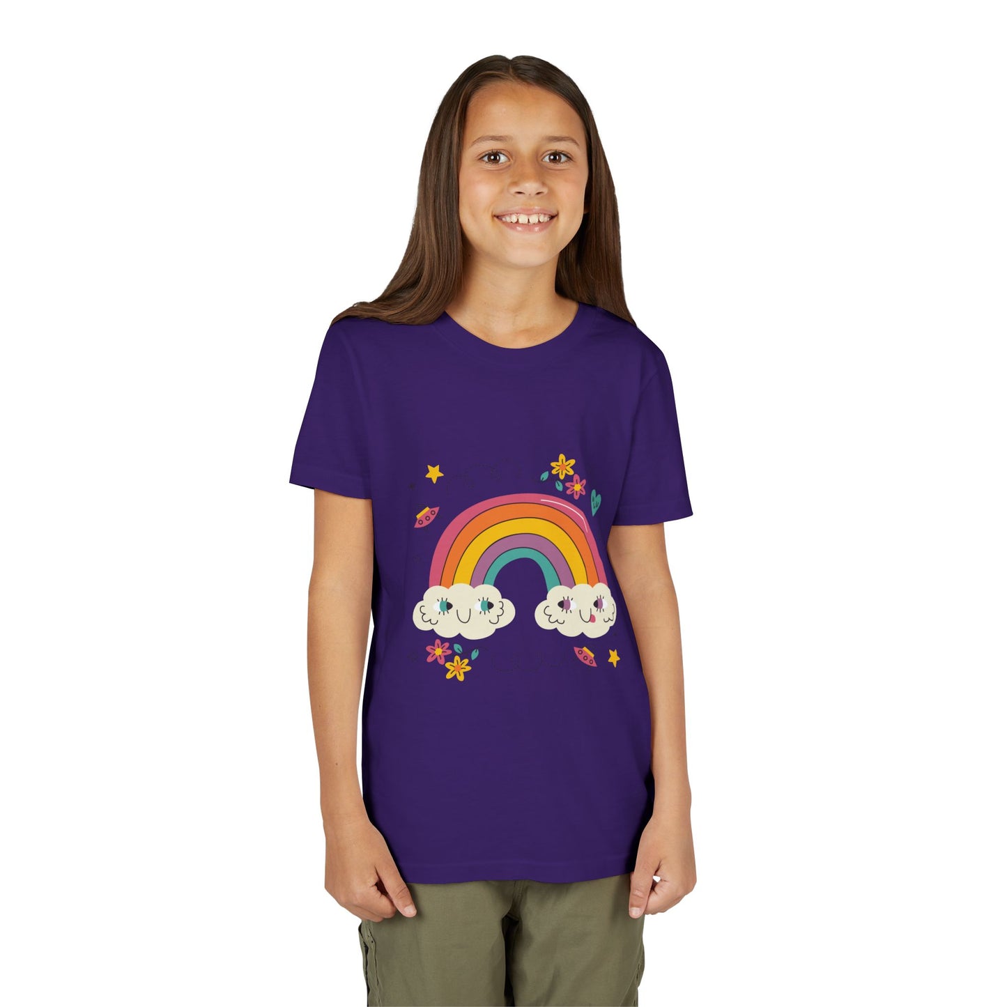 Youth Rainbow Tee — Cute Smiling Clouds & Rainbow Kids Shirt
